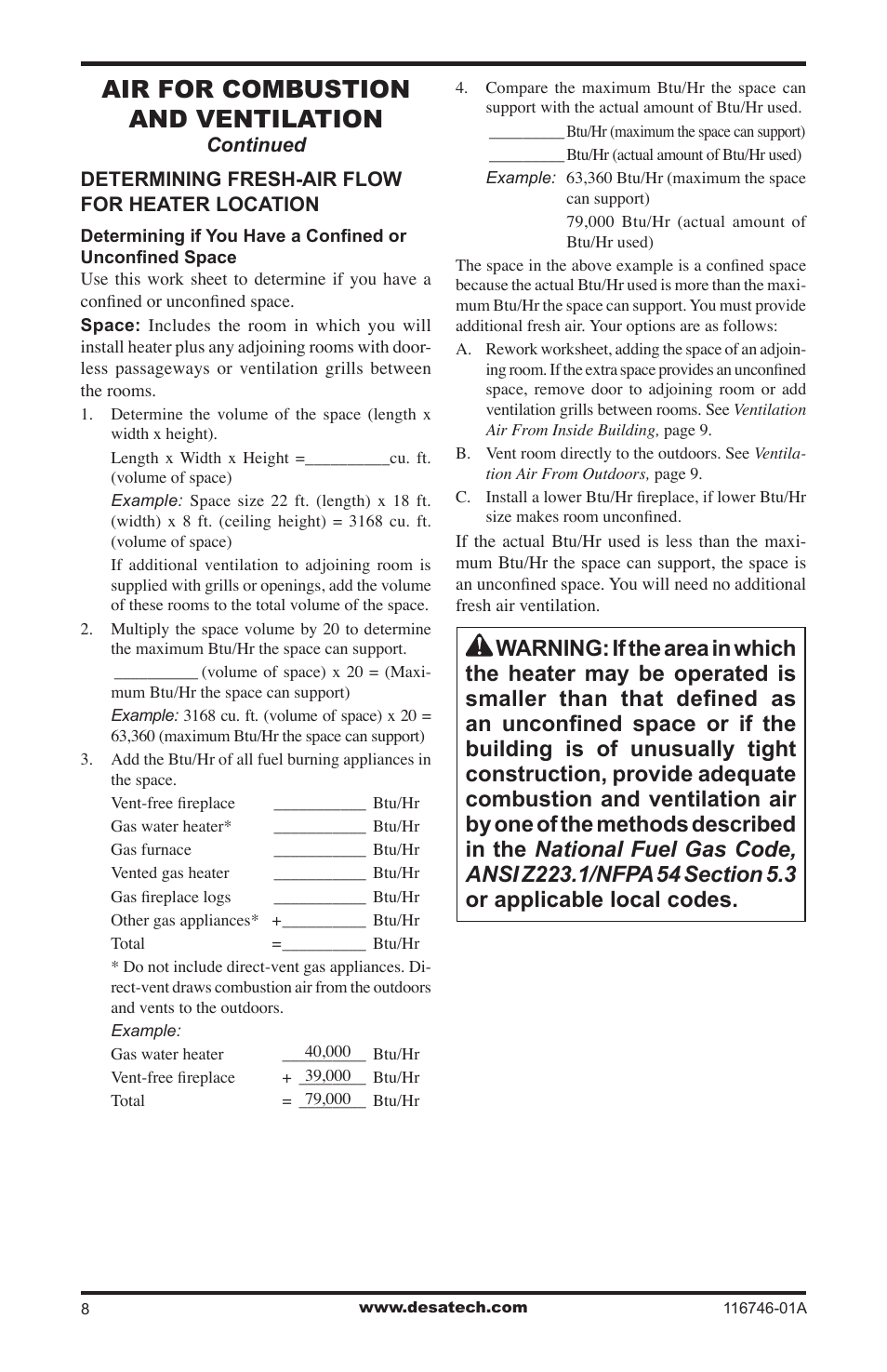 Air for combustion and ventilation | Desa VSGF36NRA User Manual | Page 8 / 40