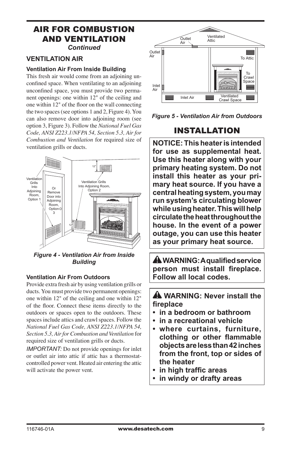 Installation, Air for combustion and ventilation | Desa VSGF36NRA User Manual | Page 9 / 40