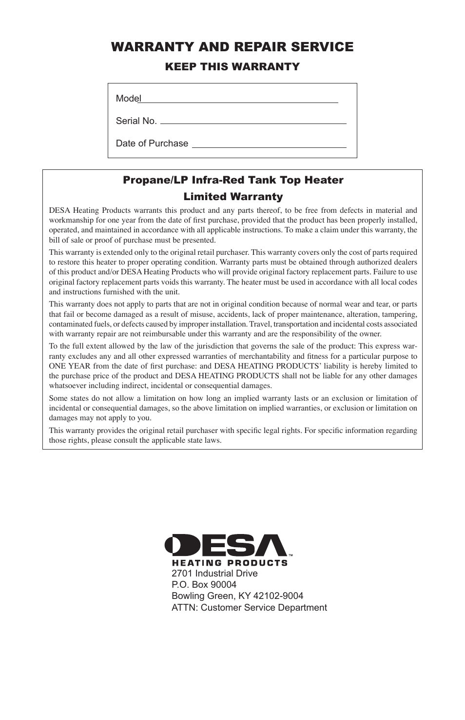 Warranty and repair service, Keep this warranty | Desa AND TT30 10 User Manual | Page 10 / 32