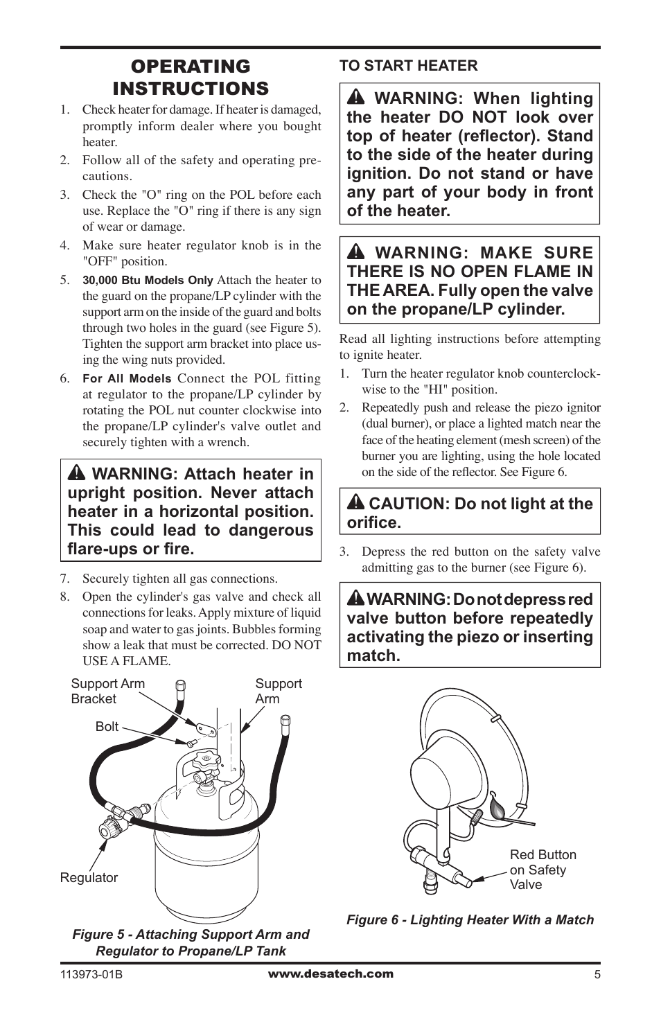 Operating instructions, Caution: do not light at the oriﬁce | Desa AND TT30 10 User Manual | Page 5 / 32