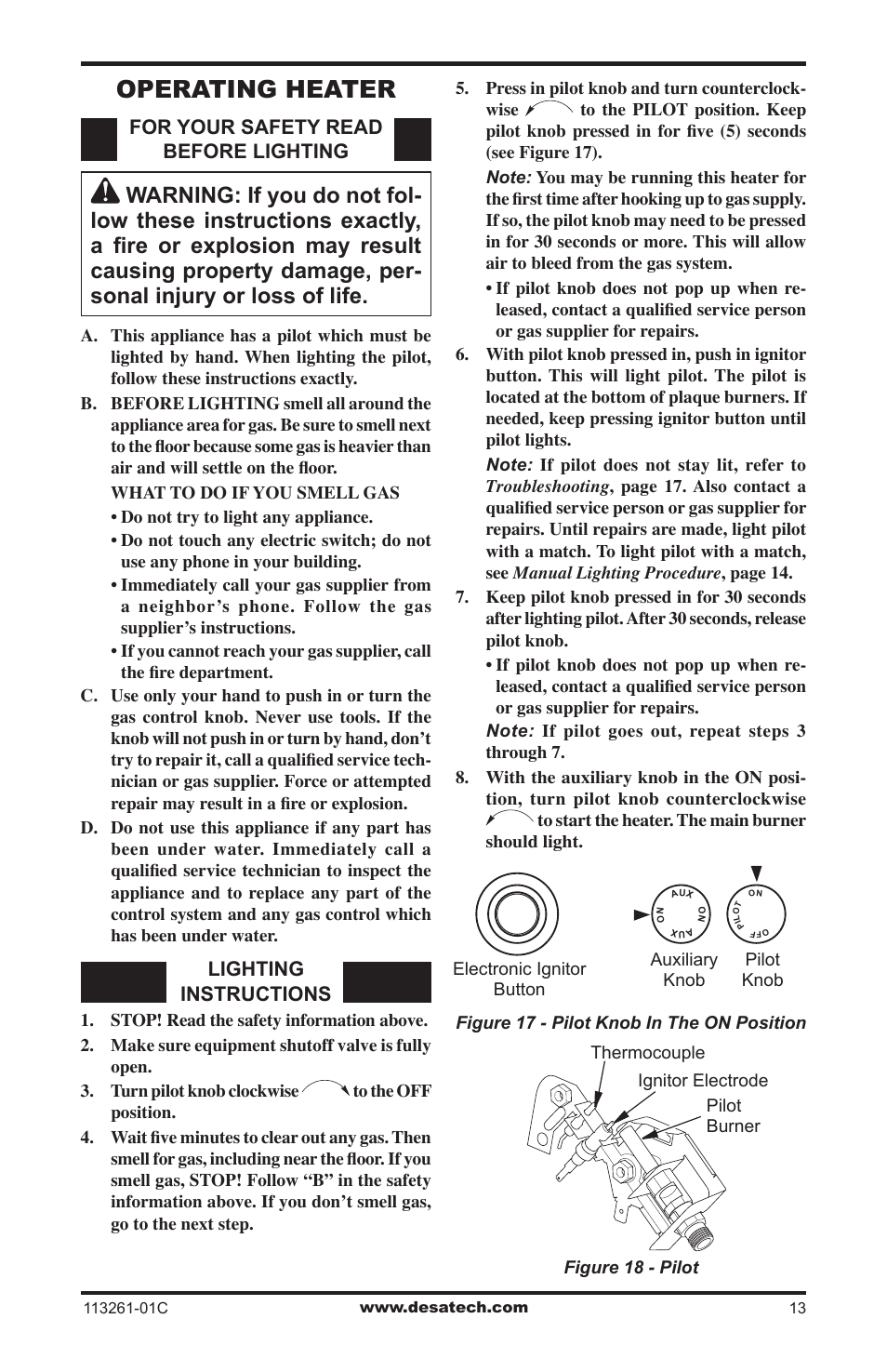 Operating heater | Desa CTR25NR User Manual | Page 13 / 48