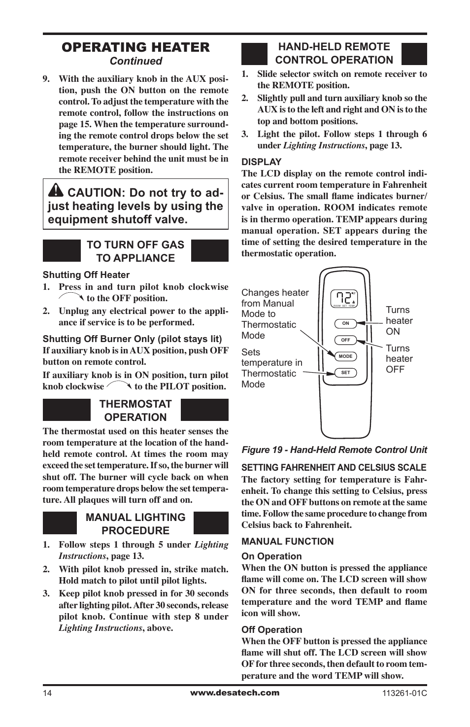 Operating heater | Desa CTR25NR User Manual | Page 14 / 48