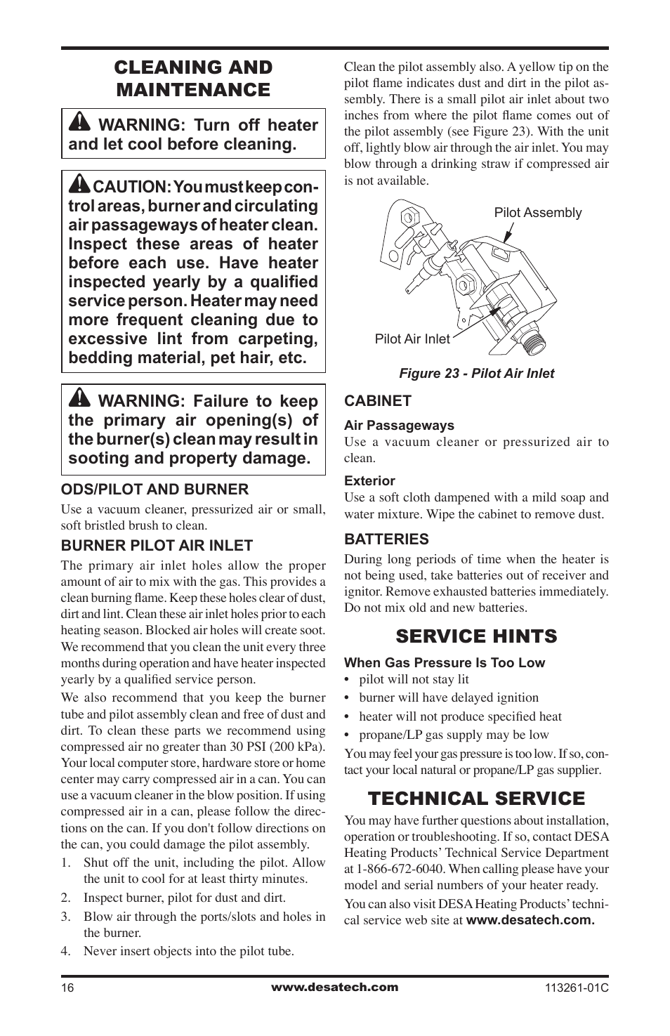 Cleaning and maintenance, Service hints, Technical service | Desa CTR25NR User Manual | Page 16 / 48