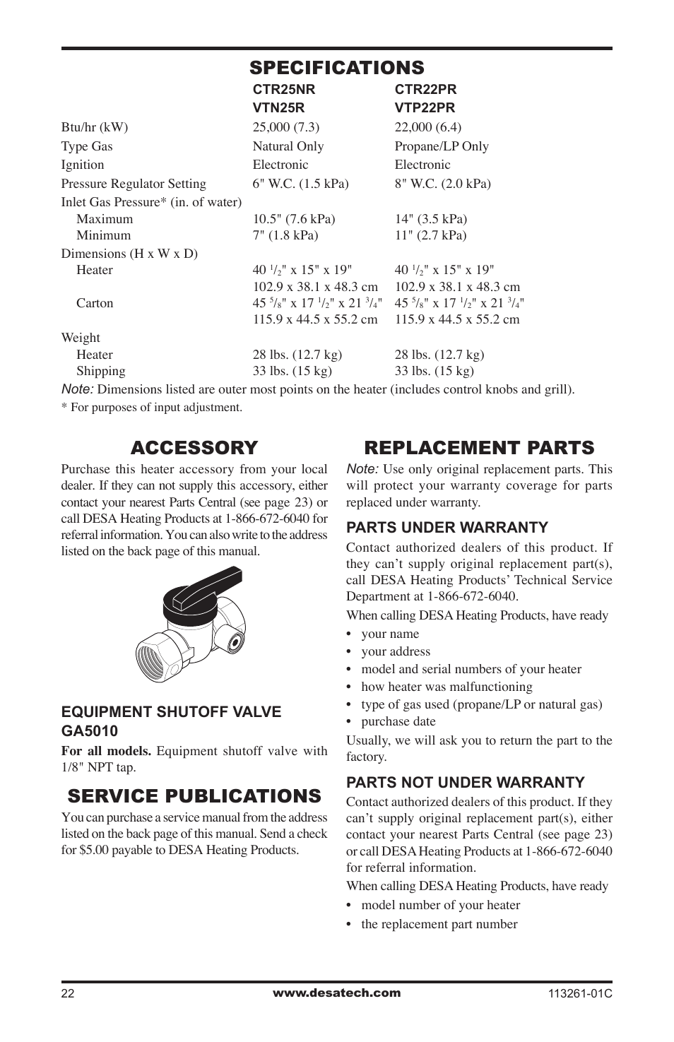 Specifications, Accessory, Service publications | Replacement parts | Desa CTR25NR User Manual | Page 22 / 48