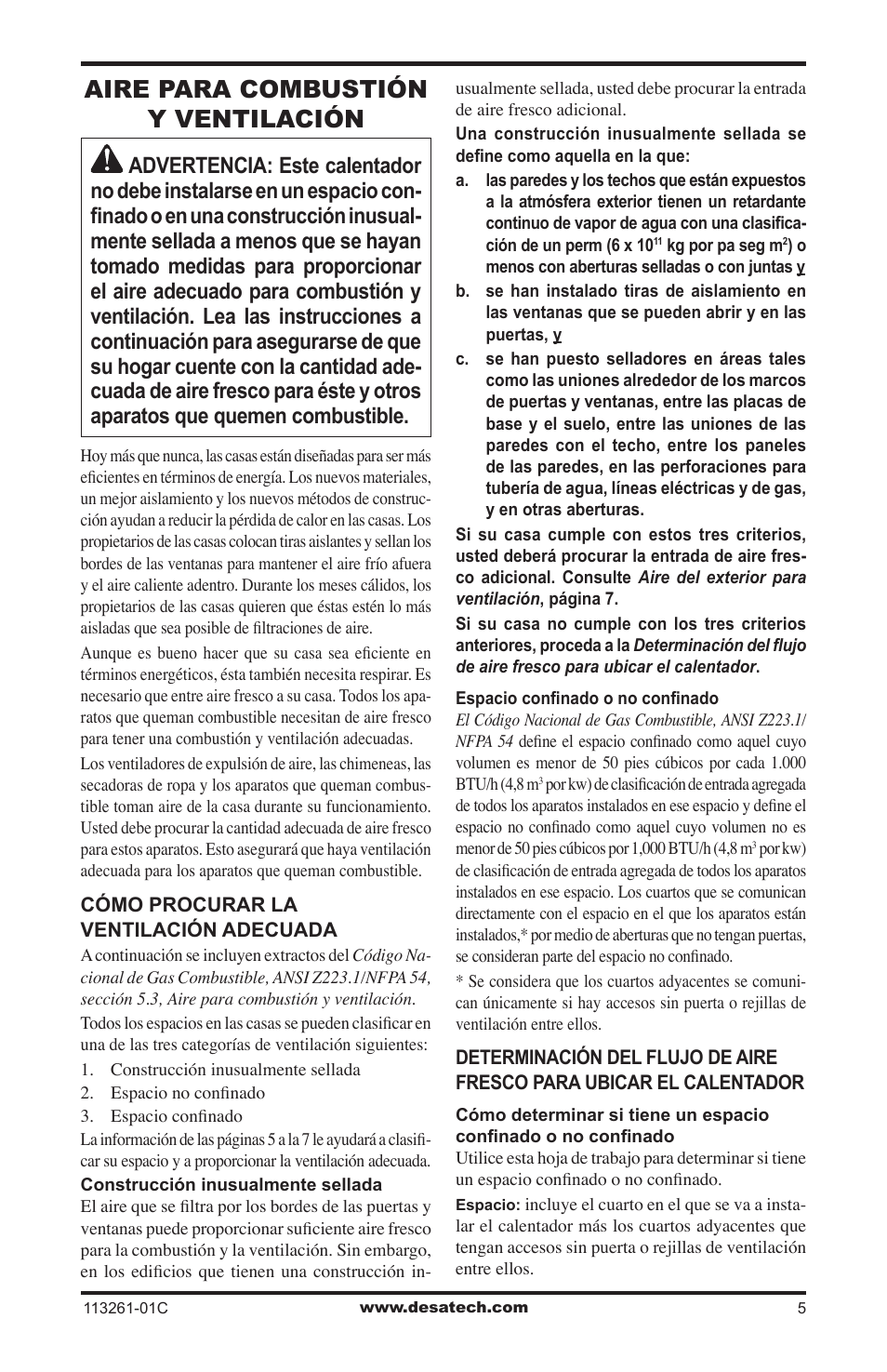 Aire para combustión y ventilación | Desa CTR25NR User Manual | Page 29 / 48