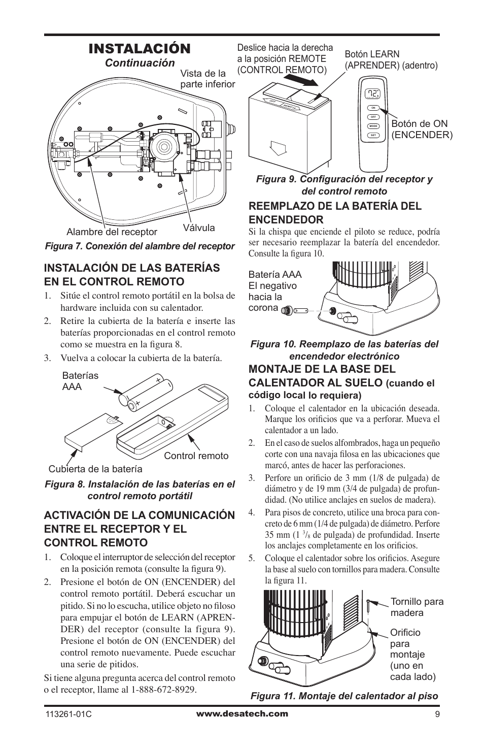 Instalación, Instalación de las baterías en el control remoto, Reemplazo de la batería del encendedor | Montaje de la base del calentador al suelo, Continuación | Desa CTR25NR User Manual | Page 33 / 48
