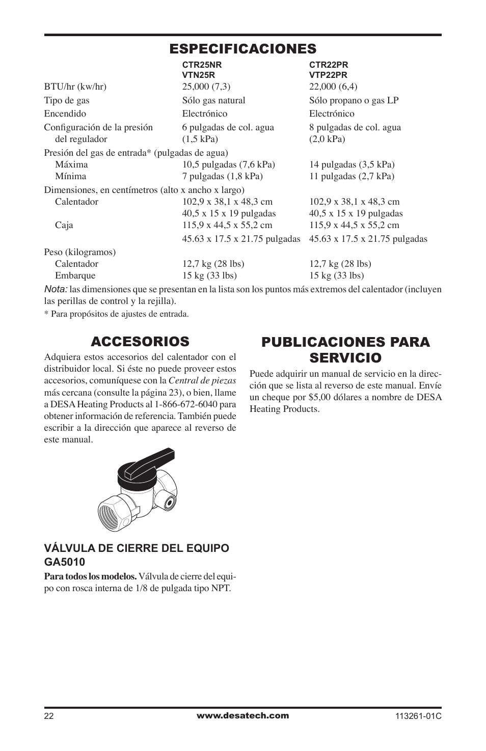 Especificaciones, Accesorios, Publicaciones para servicio | Desa CTR25NR User Manual | Page 46 / 48