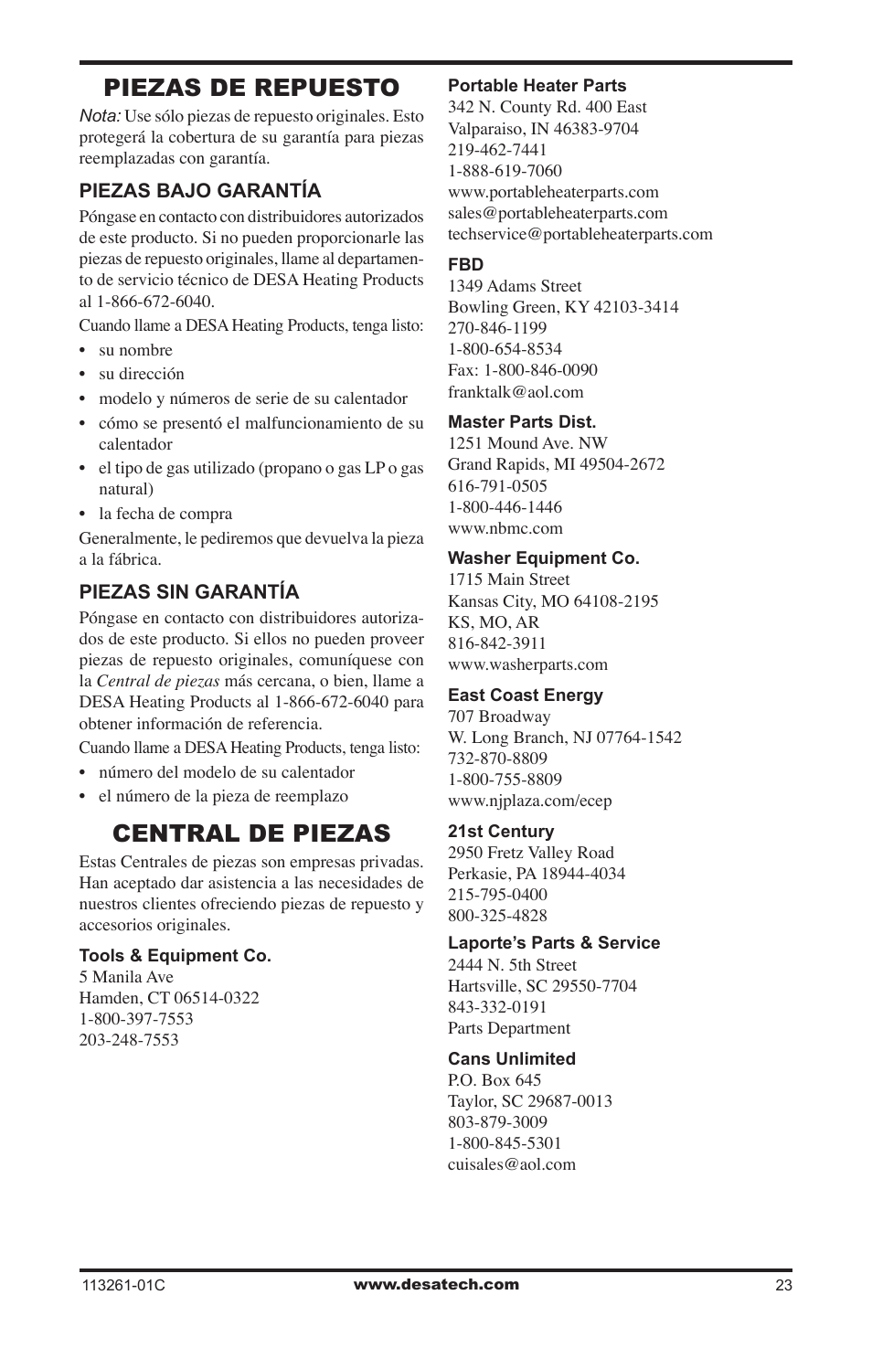 Piezas de repuesto, Central de piezas | Desa CTR25NR User Manual | Page 47 / 48