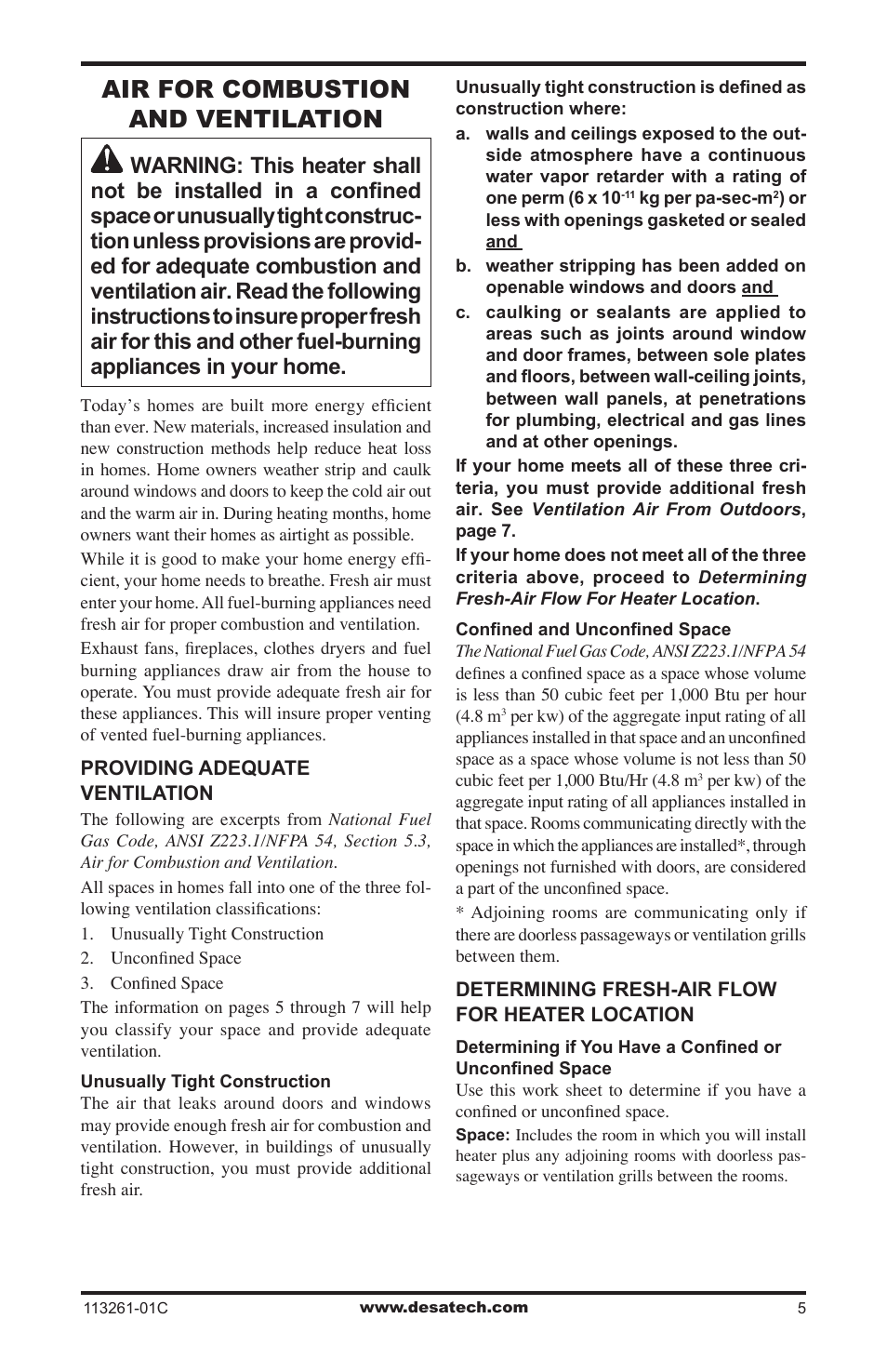 Air for combustion and ventilation | Desa CTR25NR User Manual | Page 5 / 48