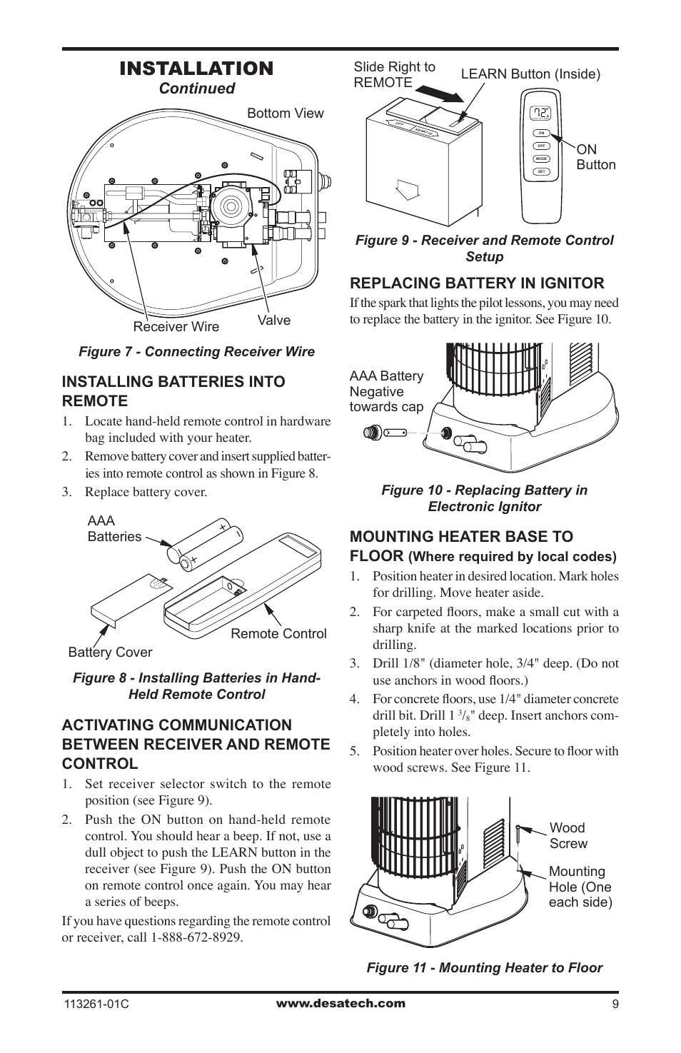 Installation, Continued installing batteries into remote, Replacing battery in ignitor | Mounting heater base to floor | Desa CTR25NR User Manual | Page 9 / 48