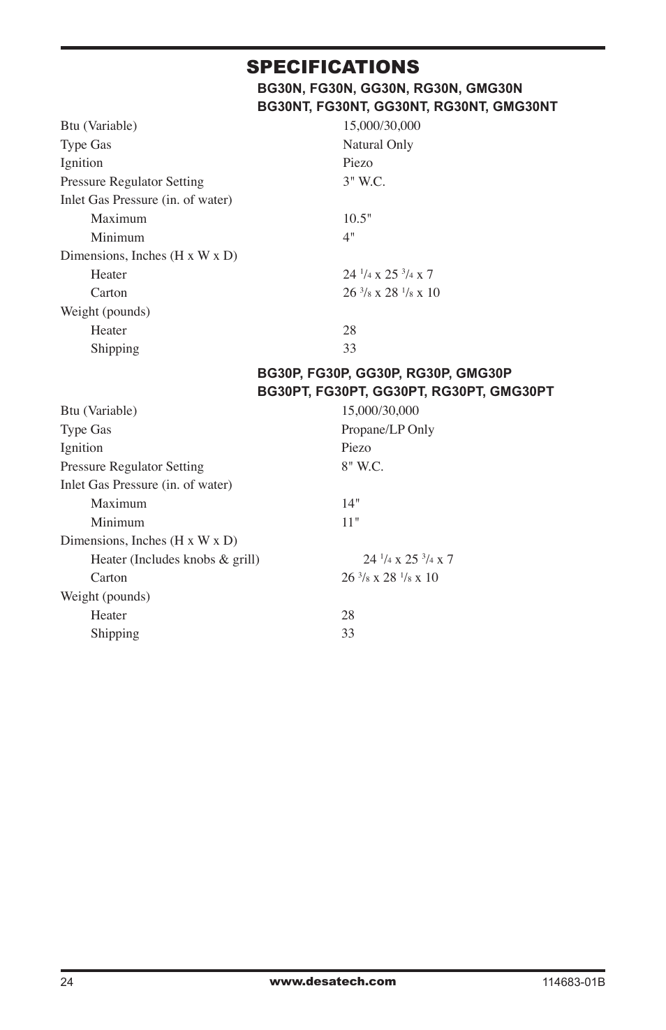 Specifications | Desa BG30PT User Manual | Page 24 / 32