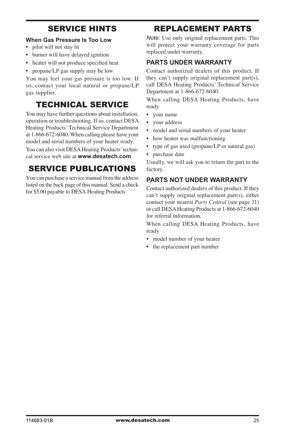 Service hints, Technical service, Service publications | Replacement parts | Desa BG30PT User Manual | Page 25 / 32