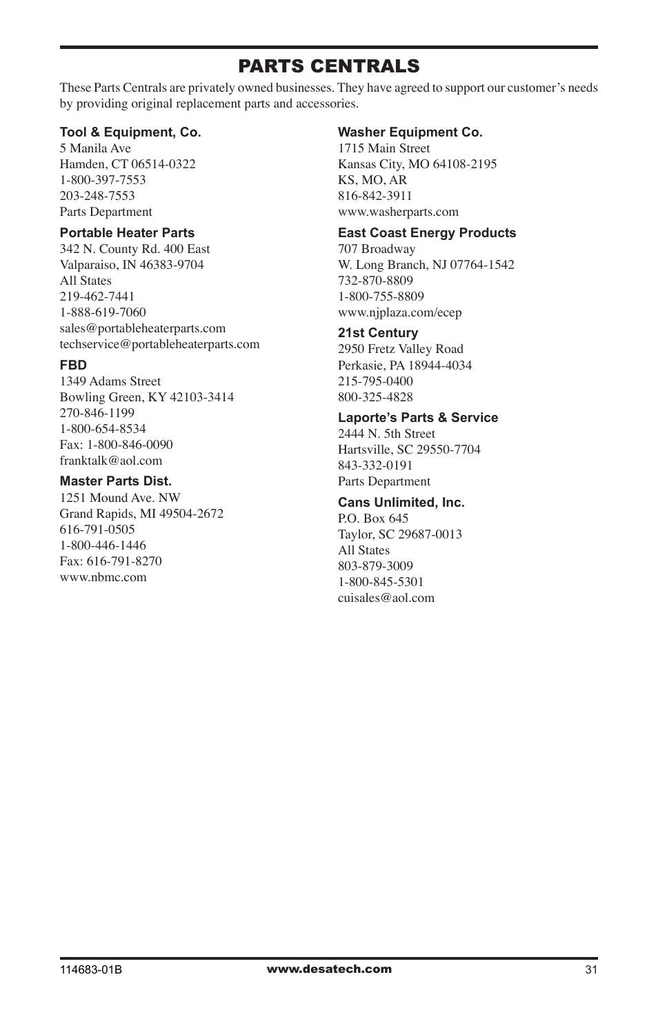 Parts centrals | Desa BG30PT User Manual | Page 31 / 32
