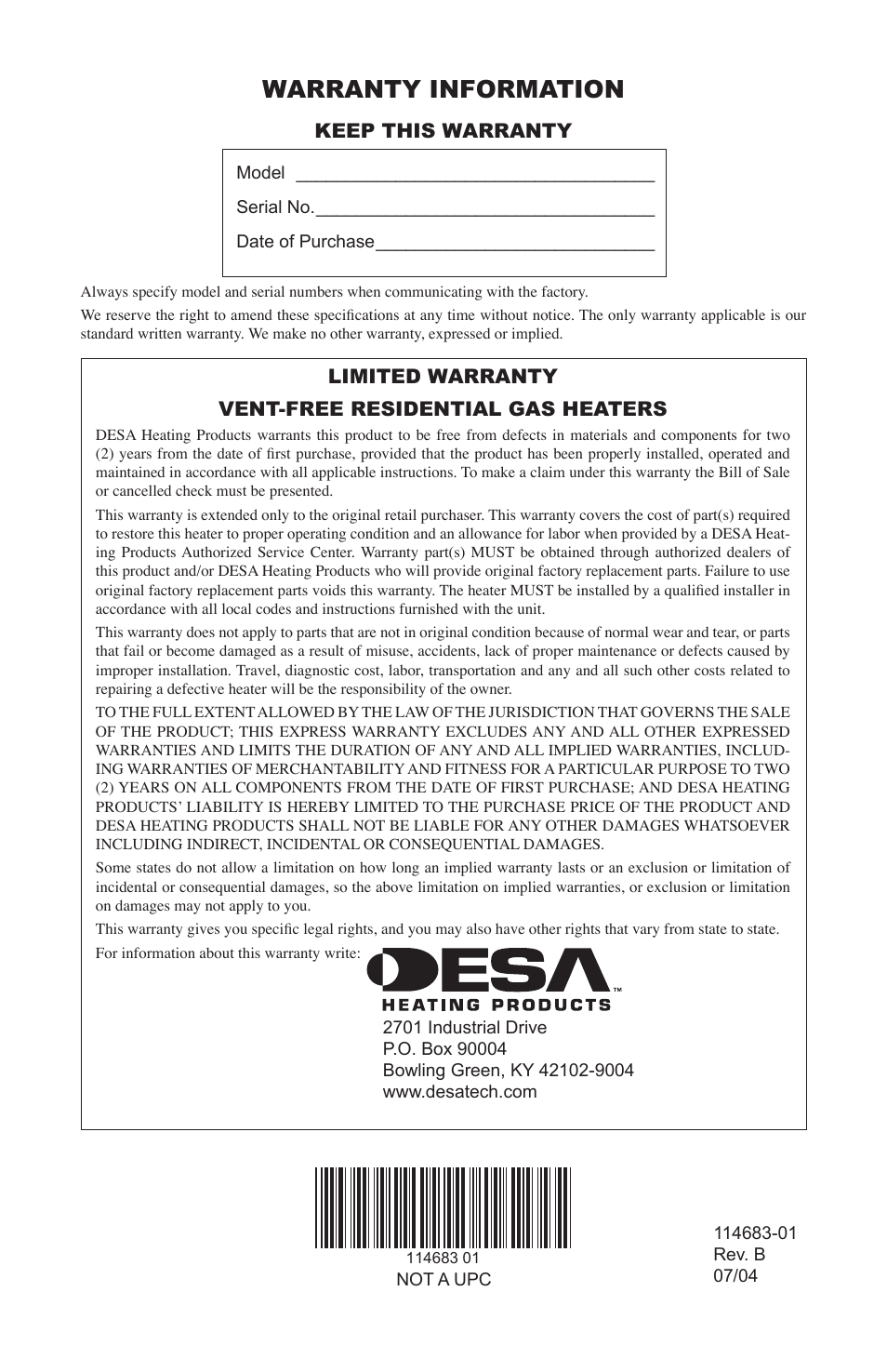 Warranty information, Limited warranty vent-free residential gas heaters, Keep this warranty | Desa BG30PT User Manual | Page 32 / 32