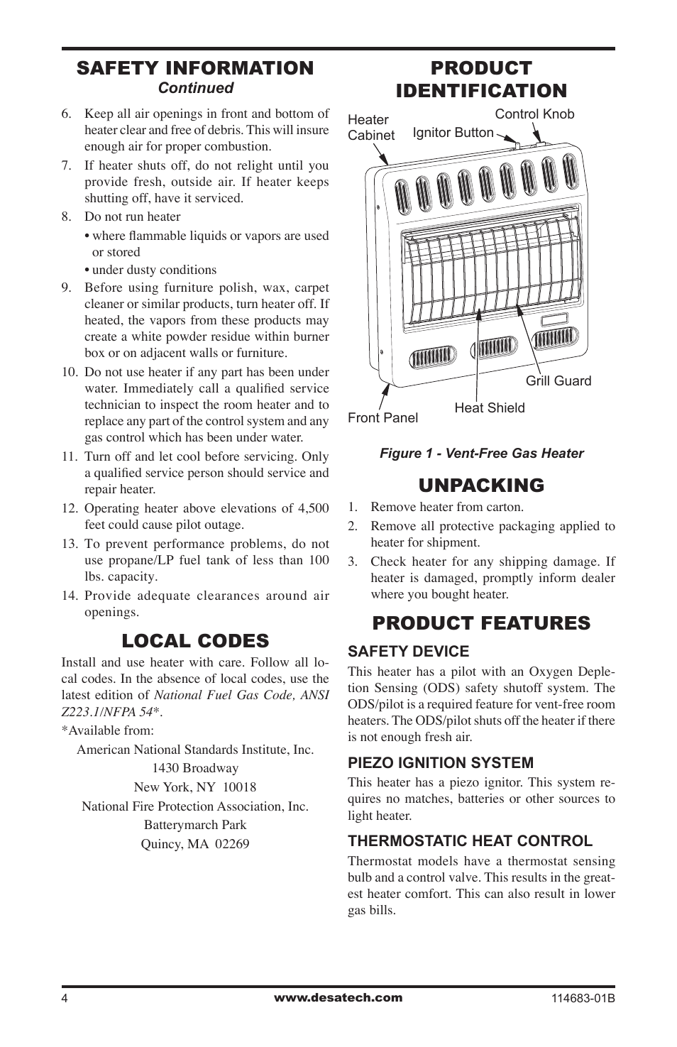 Local codes, Product identification, Unpacking | Product features, Safety information, Product identification unpacking | Desa BG30PT User Manual | Page 4 / 32