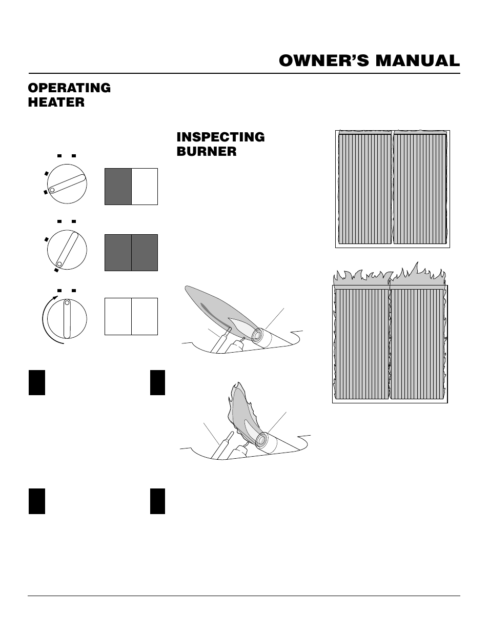 Owner’s manual, Operating heater, Inspecting burner | Manual lighting procedure, Continued | Desa CGN10R User Manual | Page 11 / 20