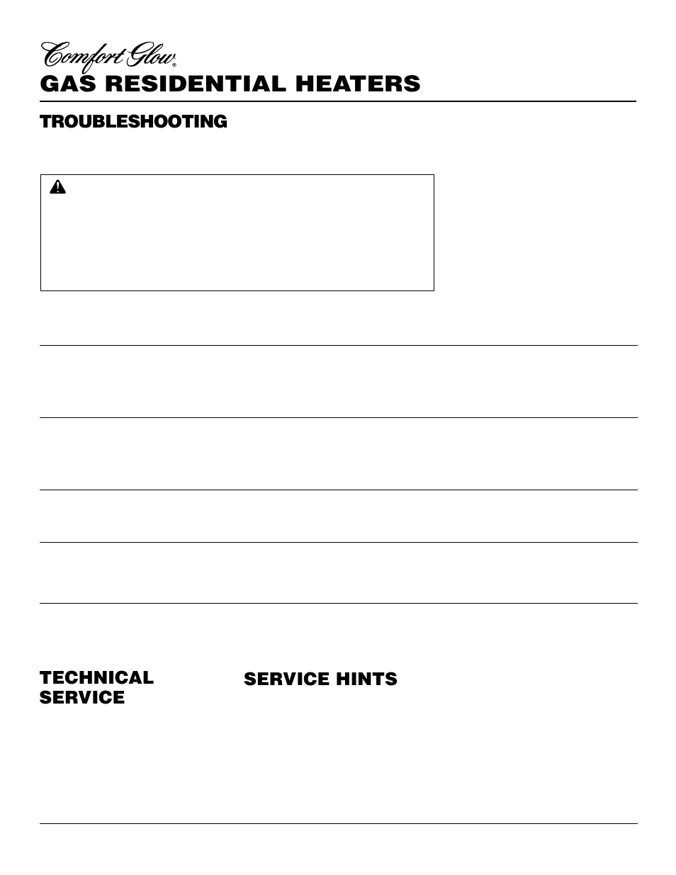 Gas residential heaters, Troubleshooting, Technical service | Service hints | Desa CGN10R User Manual | Page 14 / 20