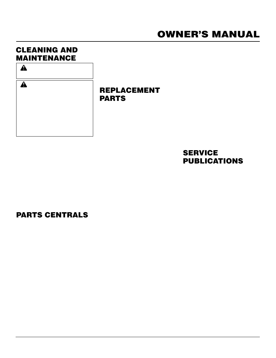 Owner’s manual, Cleaning and maintenance, Replacement parts | Parts centrals, Service publications | Desa CGN10R User Manual | Page 15 / 20