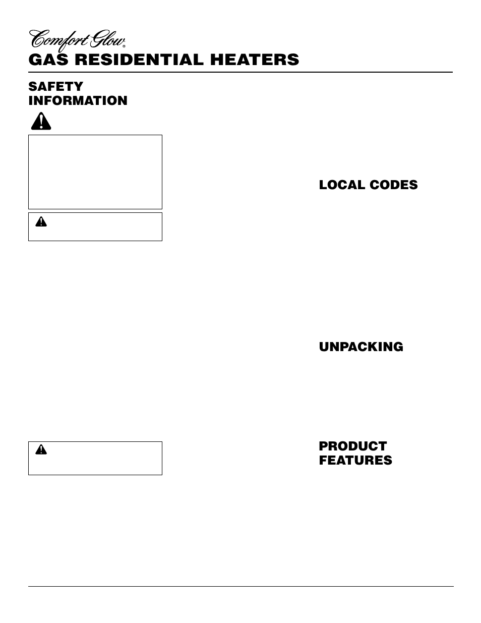 Gas residential heaters, Safety information, Local codes | Unpacking, Product features, Warnings | Desa CGN10R User Manual | Page 2 / 20