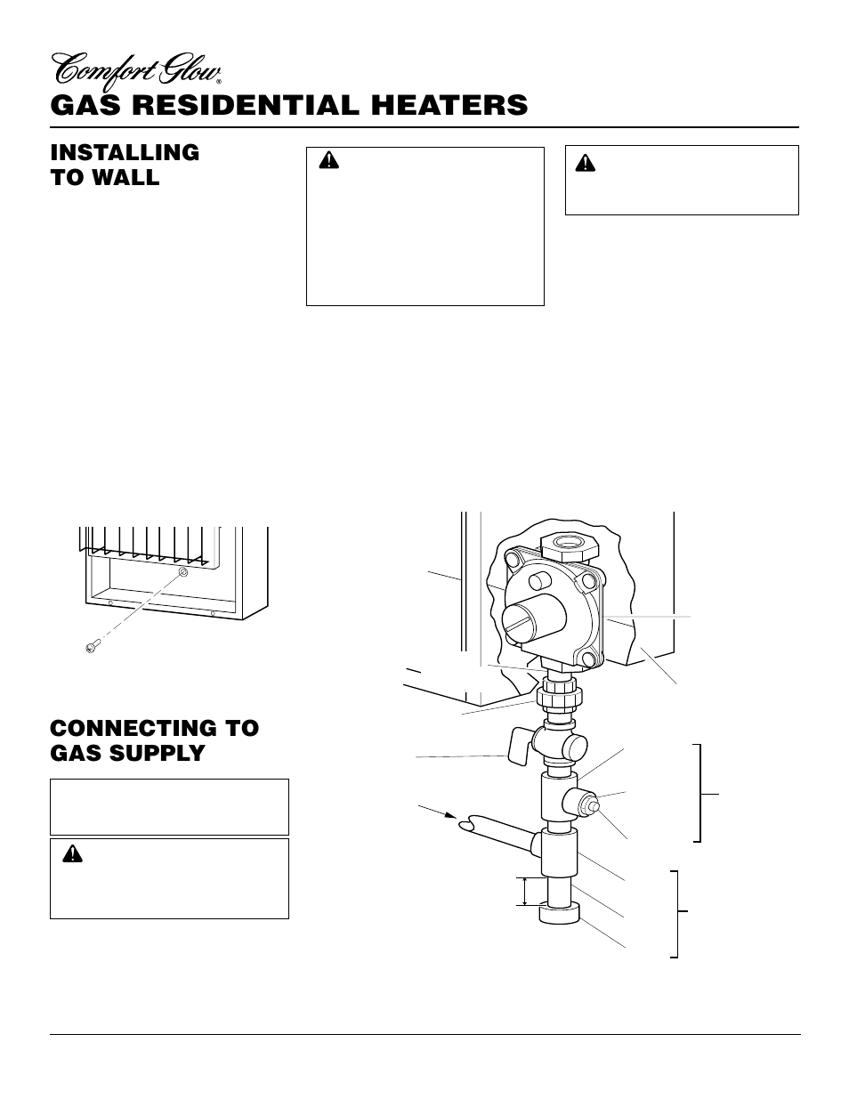 Gas residential heaters, Installing to wall, Connecting to gas supply | Continued | Desa CGN10R User Manual | Page 8 / 20