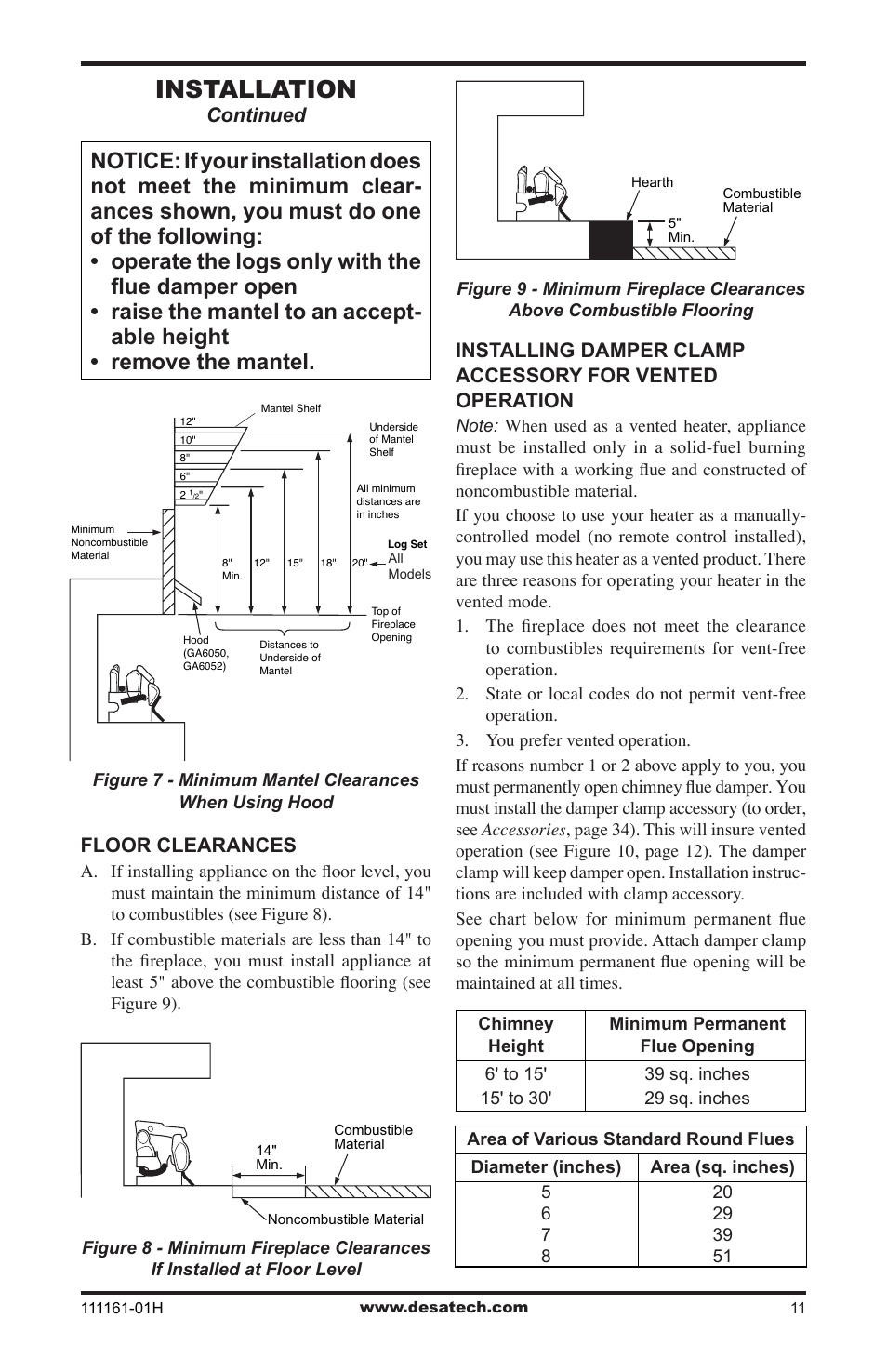 Installation, Continued, Floor clearances | Desa CCL3924PRA User Manual | Page 11 / 36