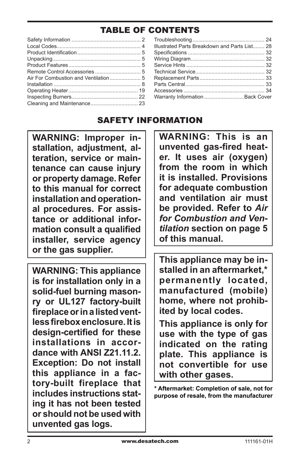 Safety information, Safety information table of contents | Desa CCL3924PRA User Manual | Page 2 / 36