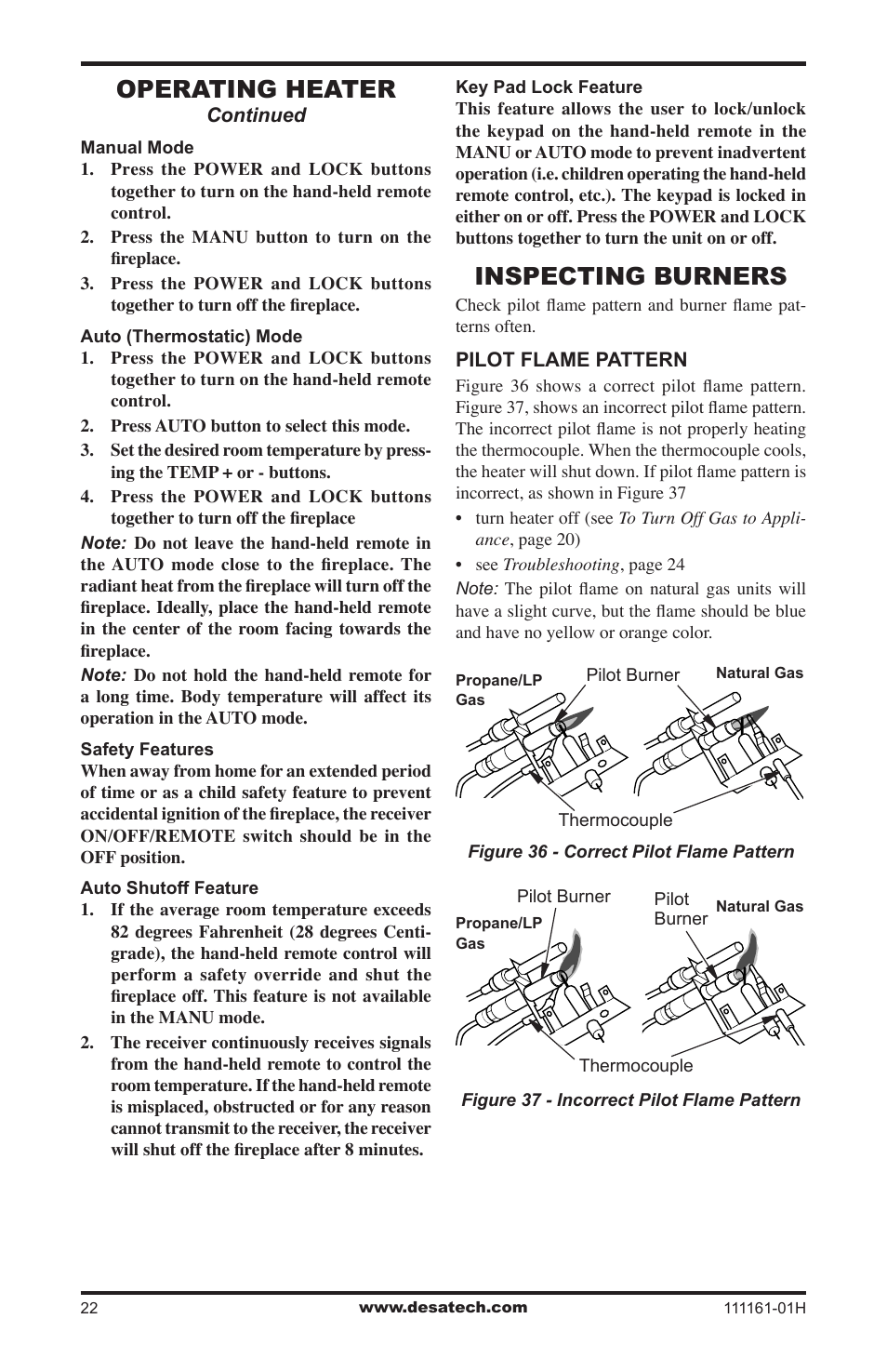 Inspecting burners, Operating heater | Desa CCL3924PRA User Manual | Page 22 / 36