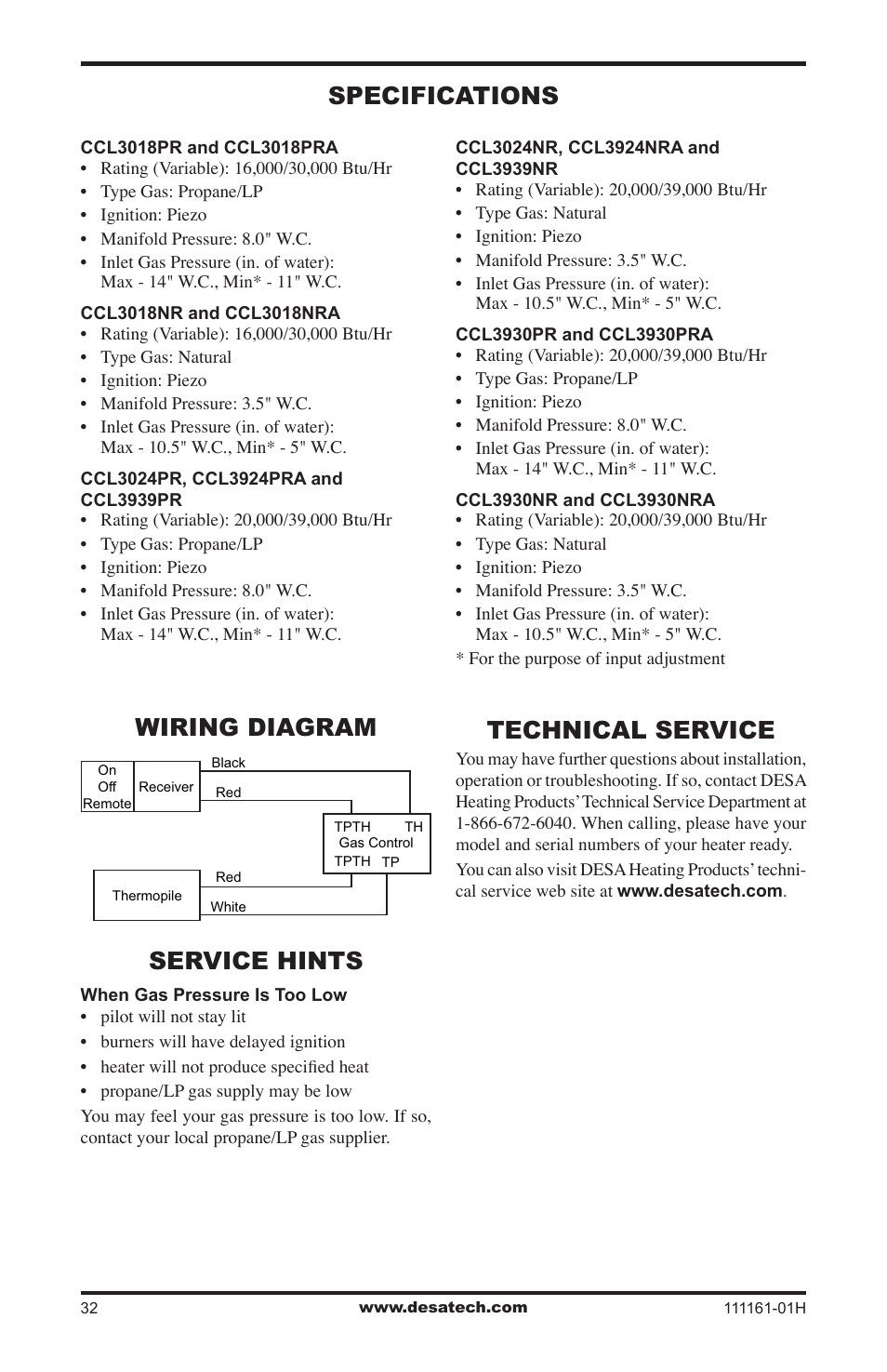 Specifications, Wiring diagram, Service hints | Technical service, Specifications wiring diagram technical service | Desa CCL3924PRA User Manual | Page 32 / 36