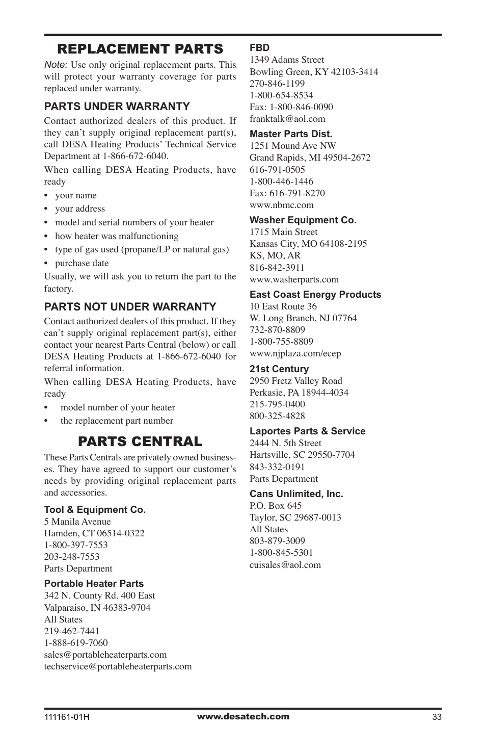 Replacement parts, Parts central | Desa CCL3924PRA User Manual | Page 33 / 36