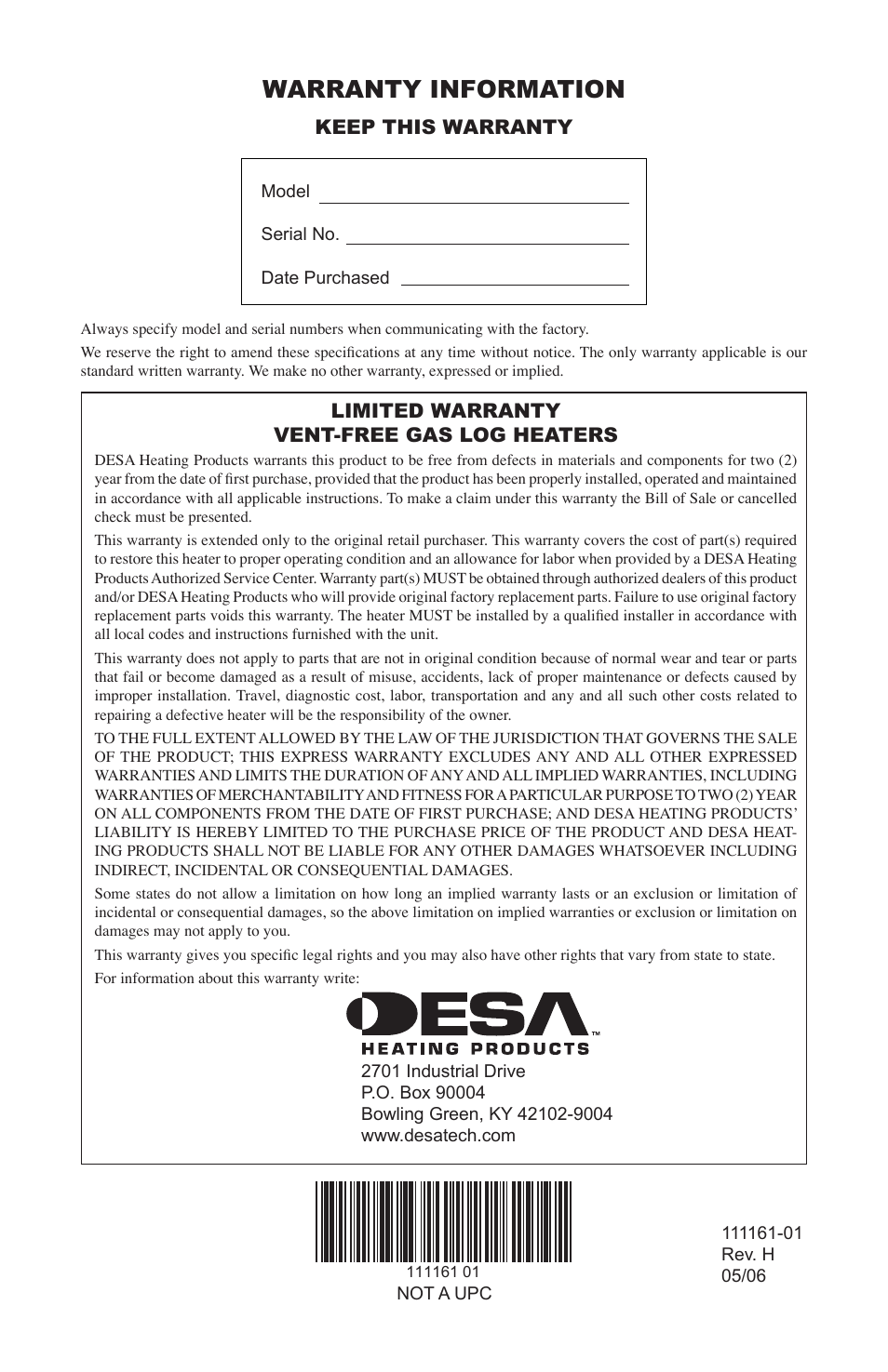Warranty information, Keep this warranty, Limited warranty vent-free gas log heaters | Desa CCL3924PRA User Manual | Page 36 / 36