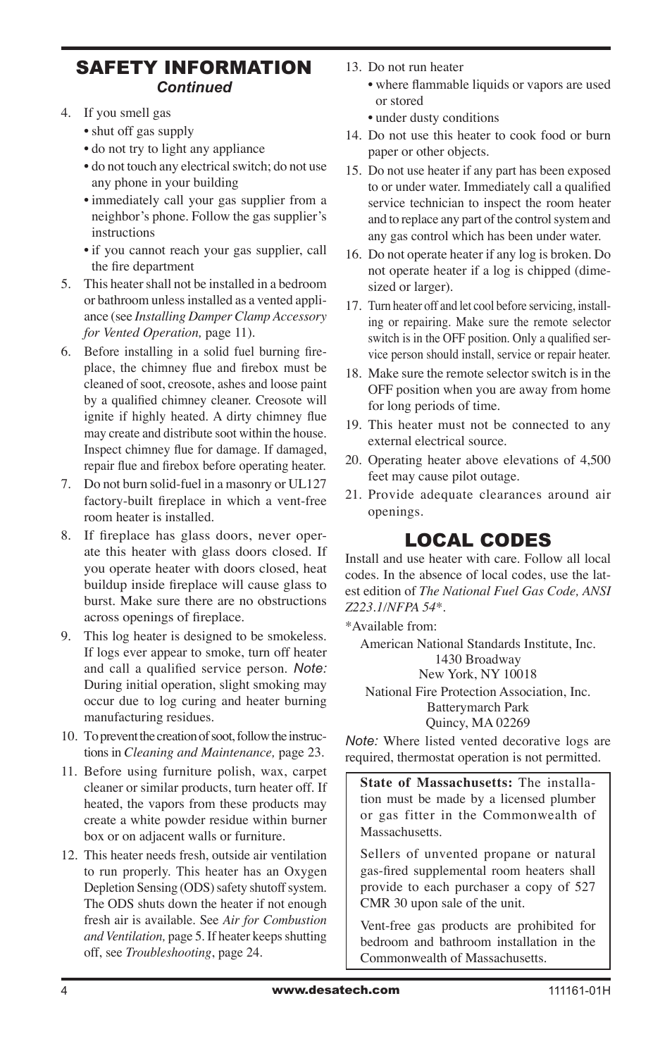 Local codes, Safety information | Desa CCL3924PRA User Manual | Page 4 / 36