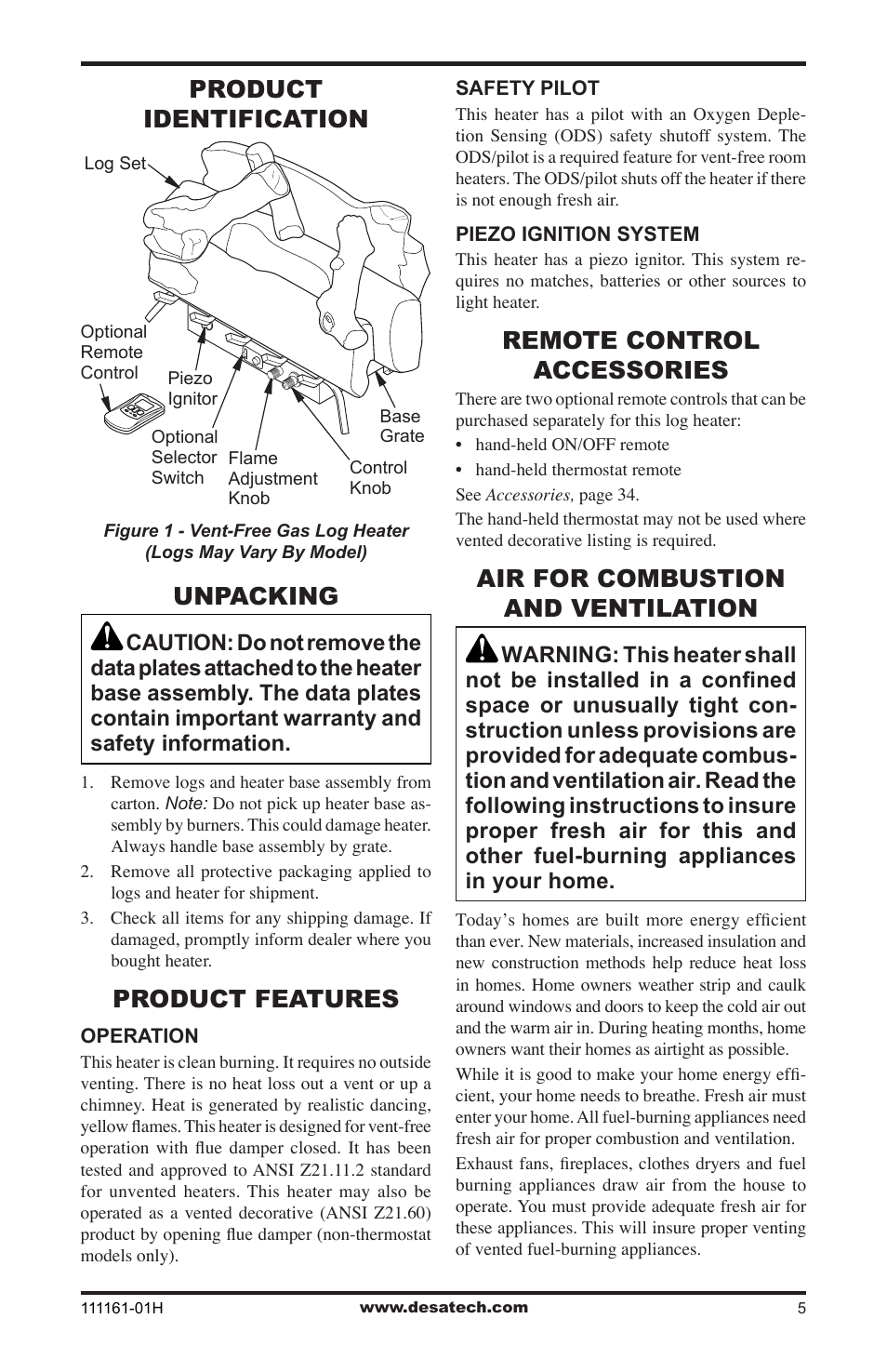 Product identification, Unpacking, Product features | Remote control accessories, Air for combustion and ventilation | Desa CCL3924PRA User Manual | Page 5 / 36