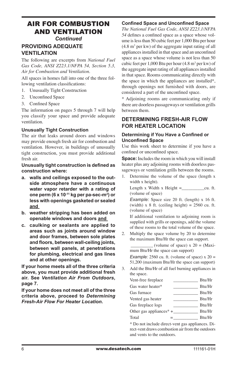 Air for combustion and ventilation | Desa CCL3924PRA User Manual | Page 6 / 36