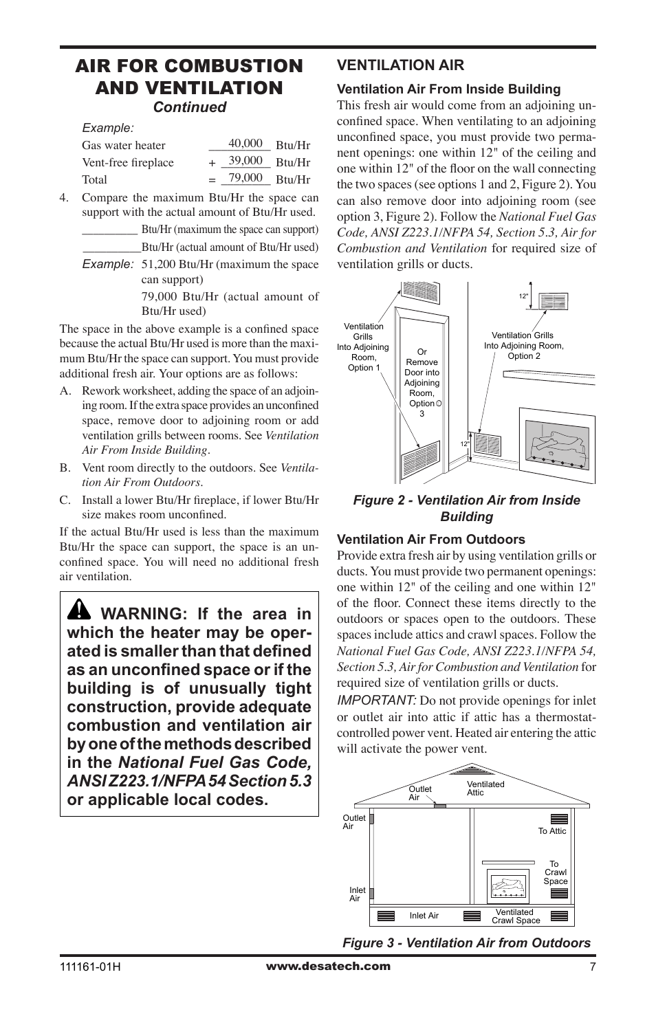 Air for combustion and ventilation, Continued, Ventilation air | Desa CCL3924PRA User Manual | Page 7 / 36