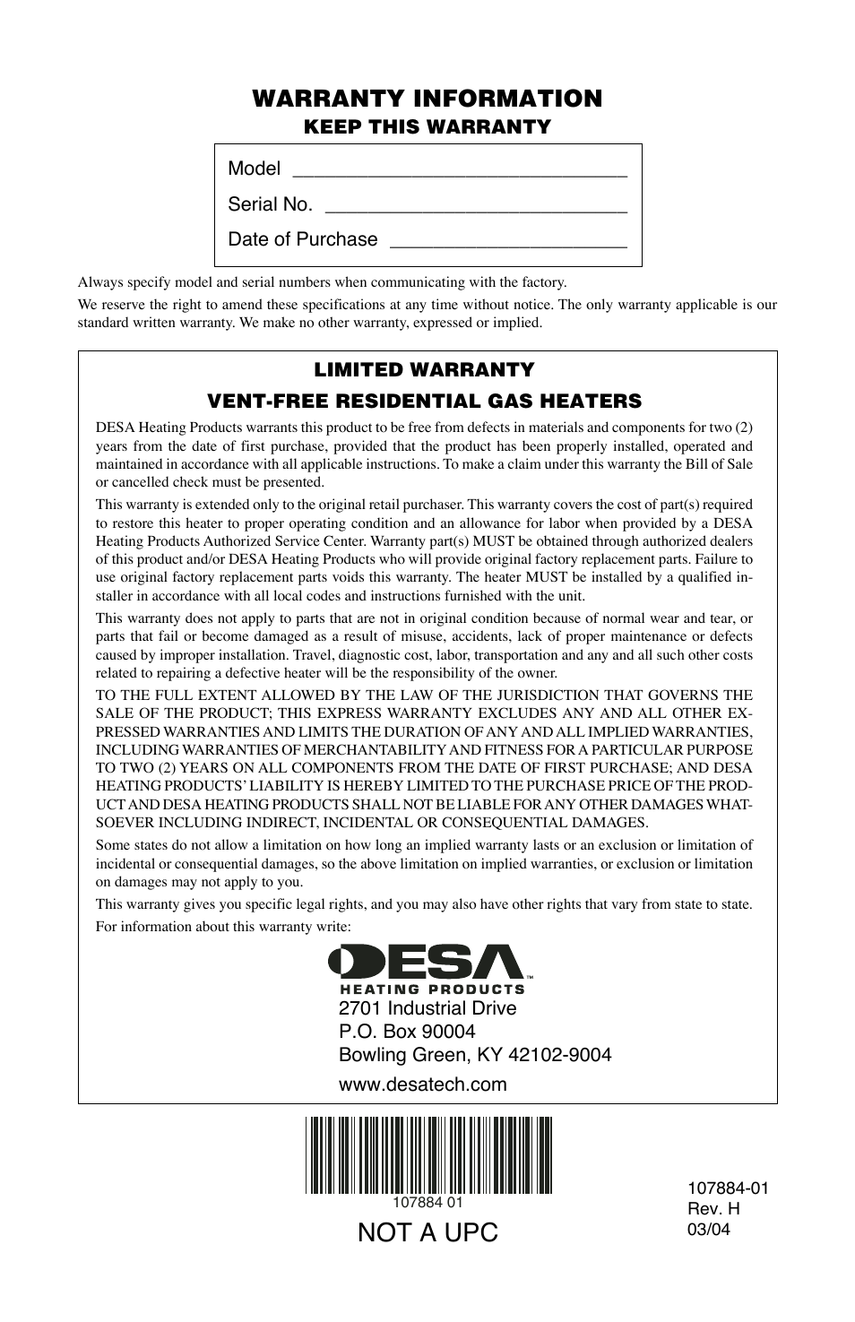 Not a upc, Warranty information | Desa GN30 User Manual | Page 32 / 32