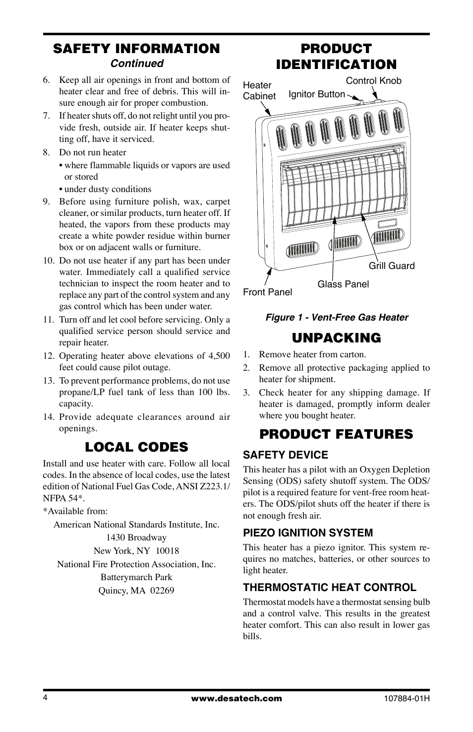 Local codes, Safety information, Unpacking | Product features, Product identification | Desa GN30 User Manual | Page 4 / 32