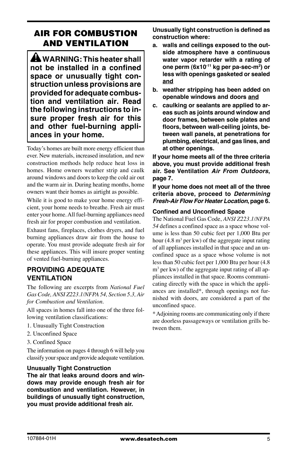 Air for combustion and ventilation | Desa GN30 User Manual | Page 5 / 32
