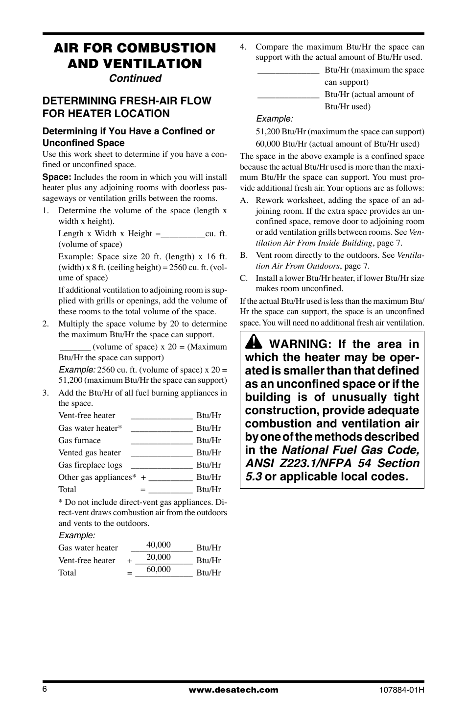 Air for combustion and ventilation | Desa GN30 User Manual | Page 6 / 32
