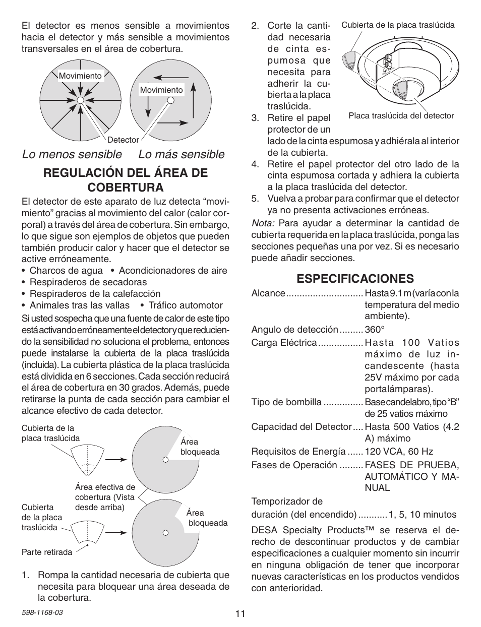 Regulación del área de cobertura, Lo menos sensible lo más sensible, Especificaciones | Desa PF-4305 User Manual | Page 11 / 12