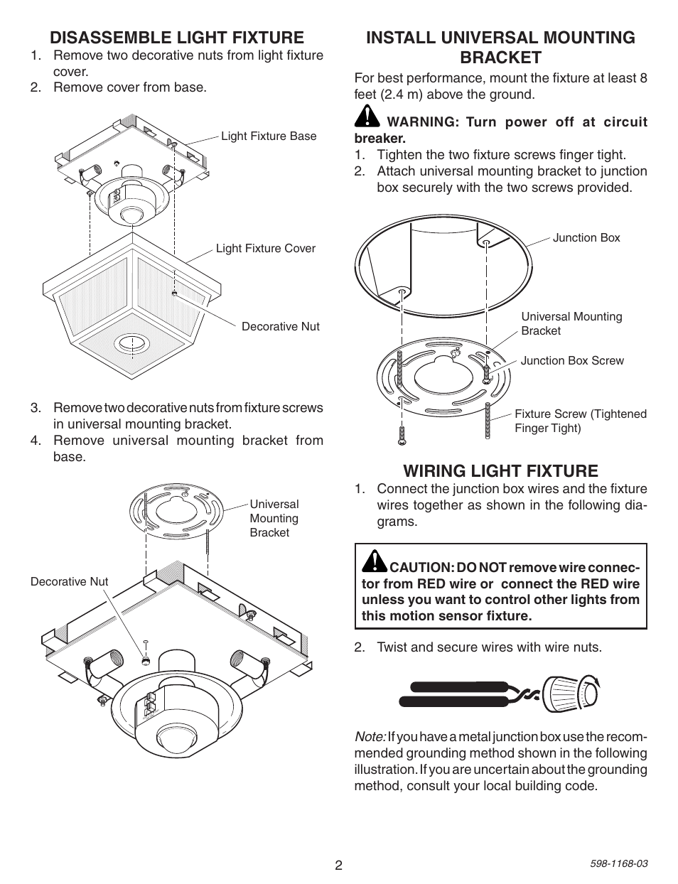 Install universal mounting bracket, Disassemble light fixture, Wiring light fixture | Desa PF-4305 User Manual | Page 2 / 12