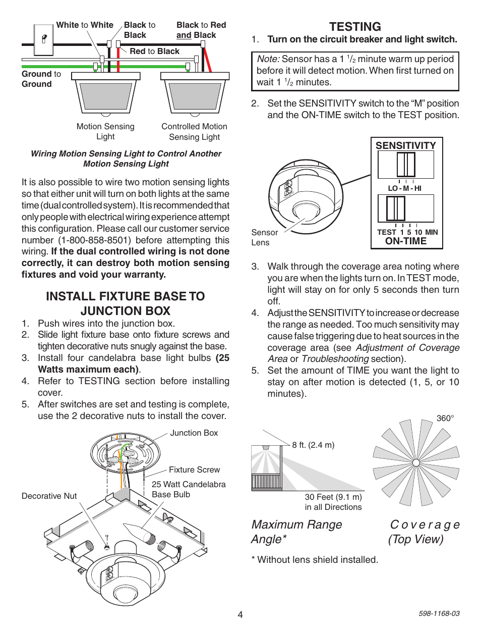 Testing, Install fixture base to junction box, Sensitivity | On-time, Without lens shield installed | Desa PF-4305 User Manual | Page 4 / 12