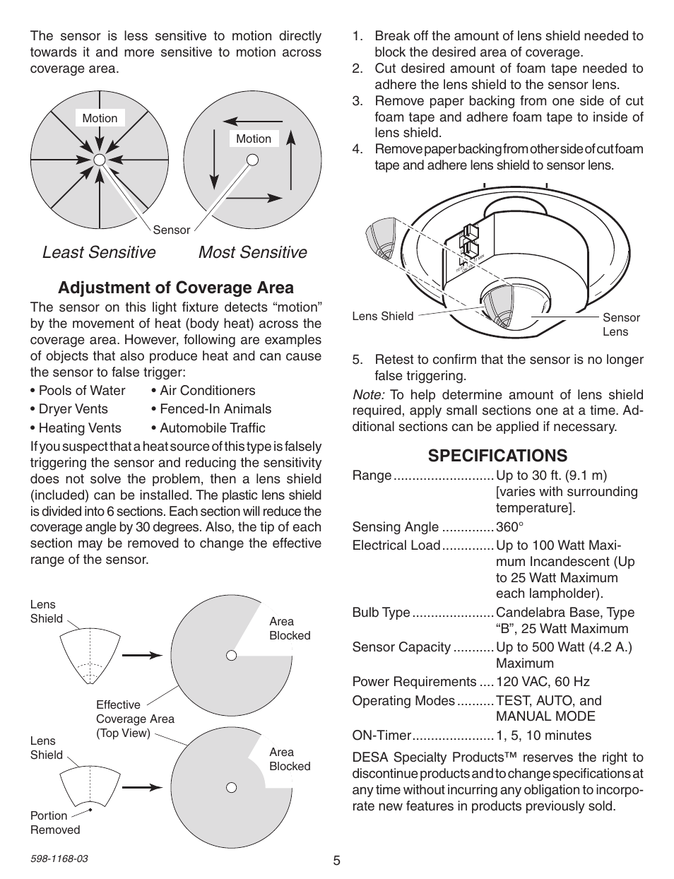 Least sensitive most sensitive, Specifications, Adjustment of coverage area | Desa PF-4305 User Manual | Page 5 / 12