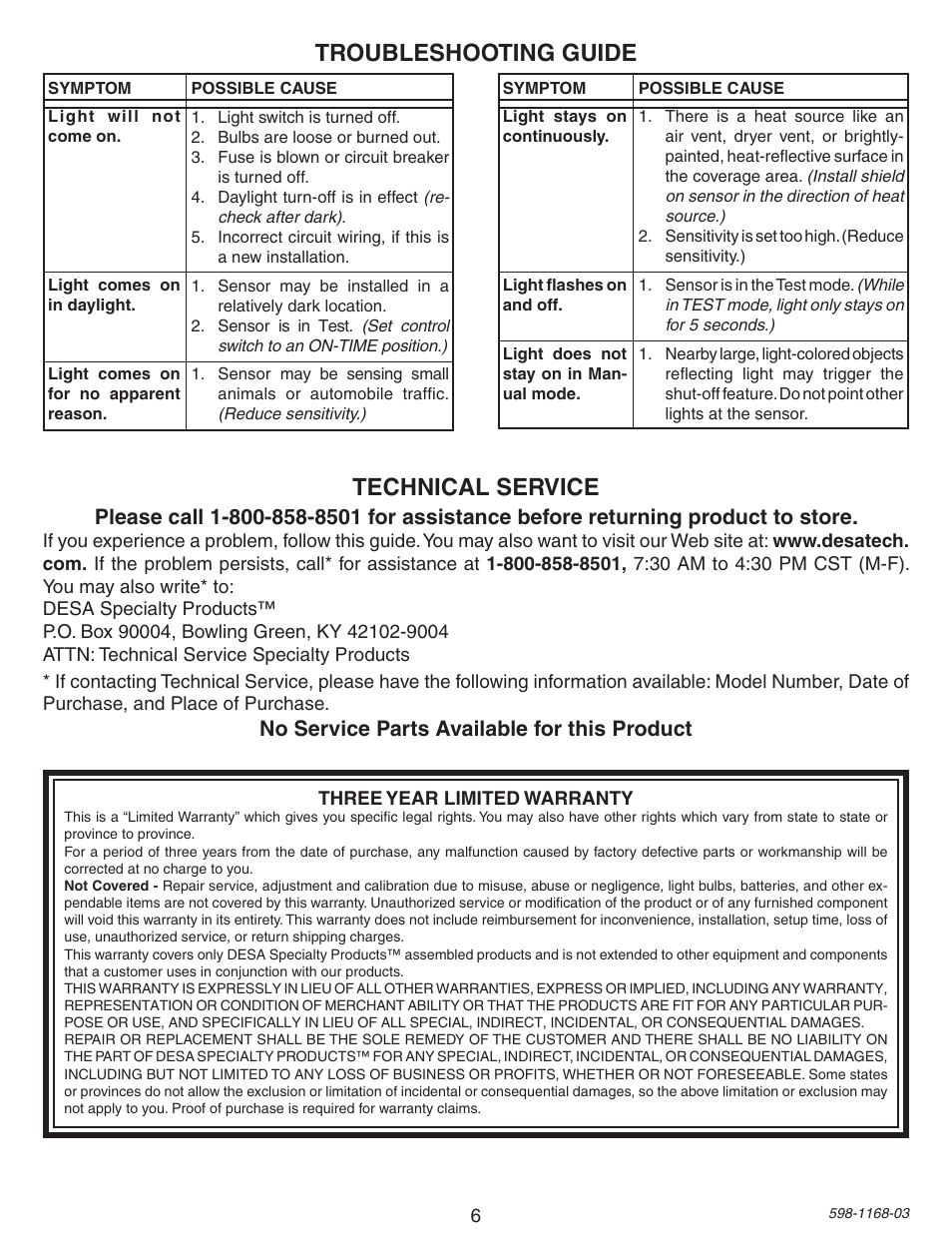 Troubleshooting guide technical service, No service parts available for this product | Desa PF-4305 User Manual | Page 6 / 12