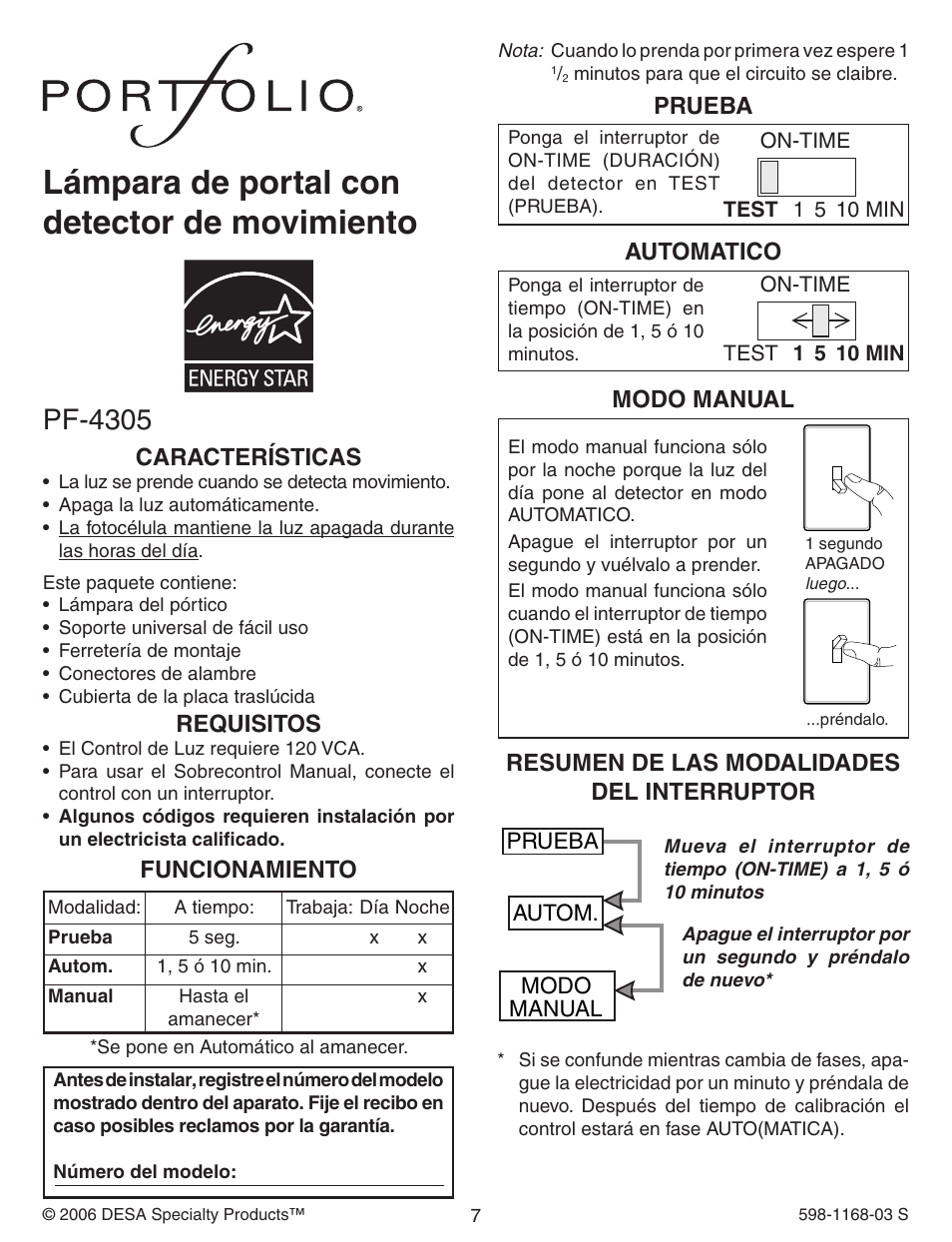 Lámpara de portal con detector de movimiento, Pf-4305 | Desa PF-4305 User Manual | Page 7 / 12