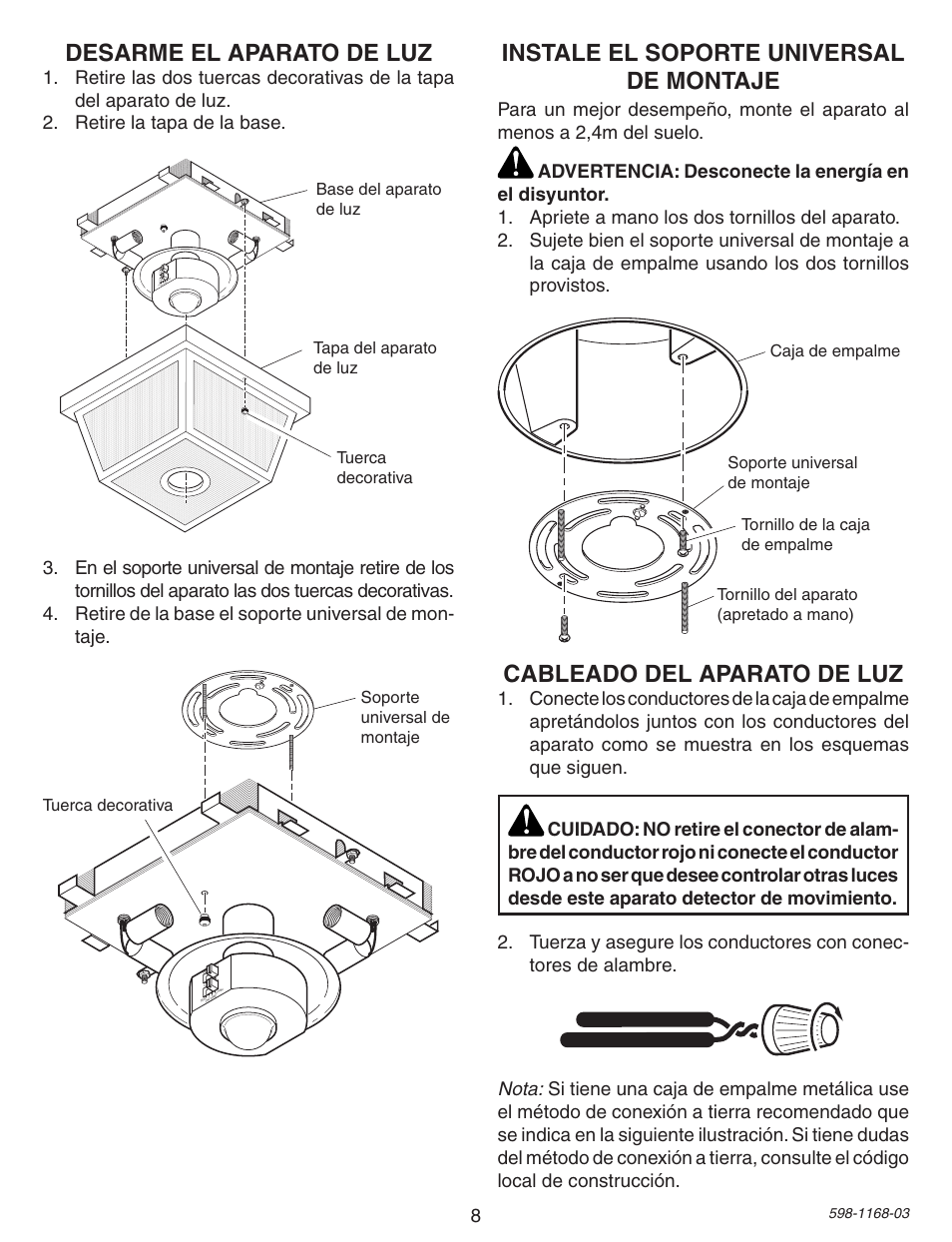 Desarme el aparato de luz, Instale el soporte universal de montaje, Cableado del aparato de luz | Desa PF-4305 User Manual | Page 8 / 12