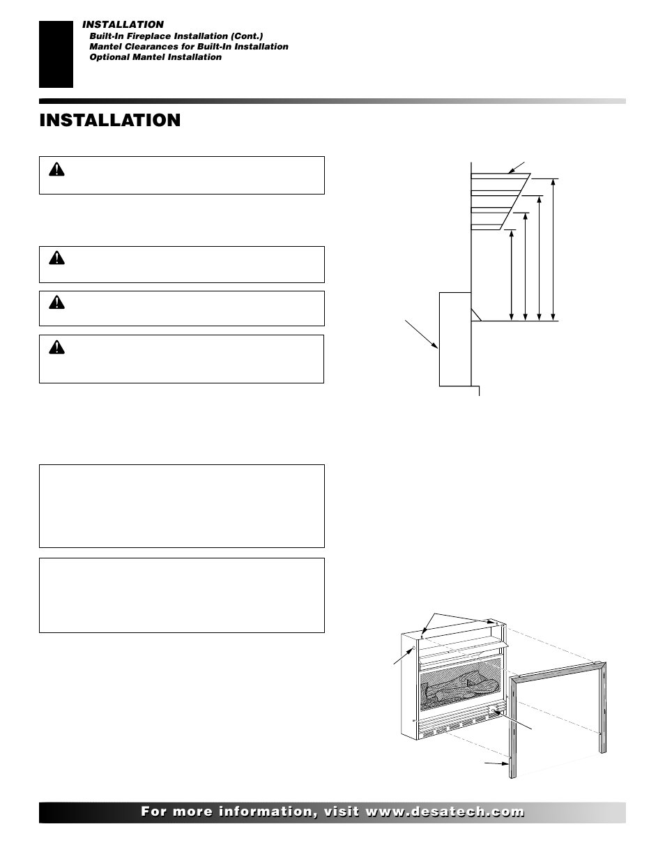 Installation, Continued, Mantel clearances for built-in installation | Optional mantel installation | Desa CGCF26TN User Manual | Page 10 / 30