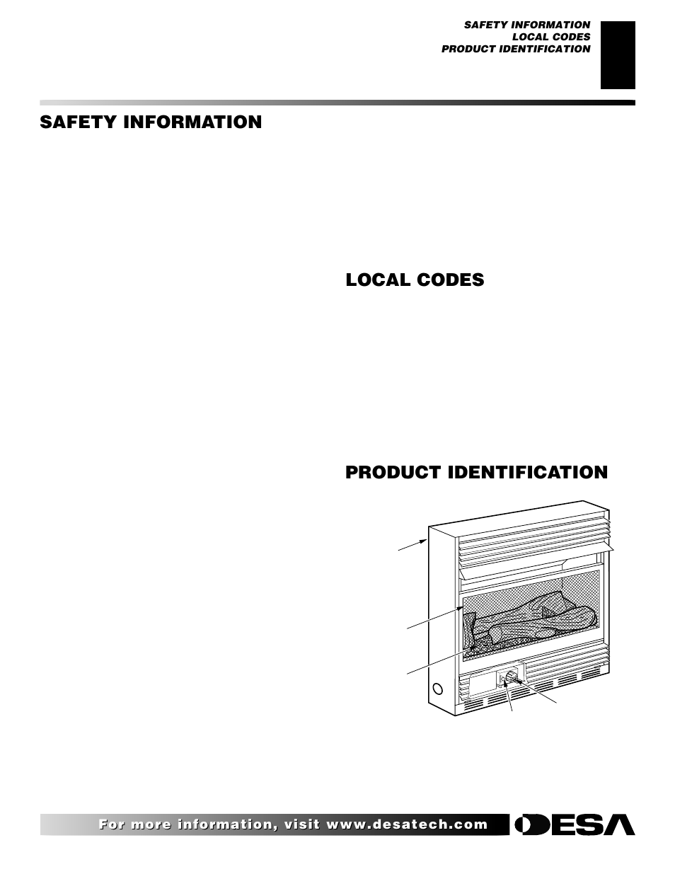 Product identification, Local codes, Safety information | Continued | Desa CGCF26TN User Manual | Page 3 / 30