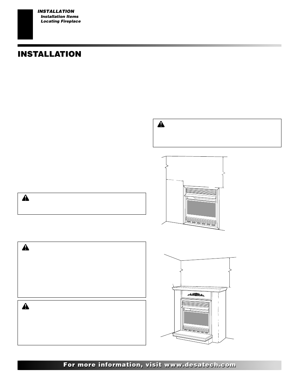 Installation, Continued, Locating fireplace | Installation items | Desa CGCF26TN User Manual | Page 8 / 30