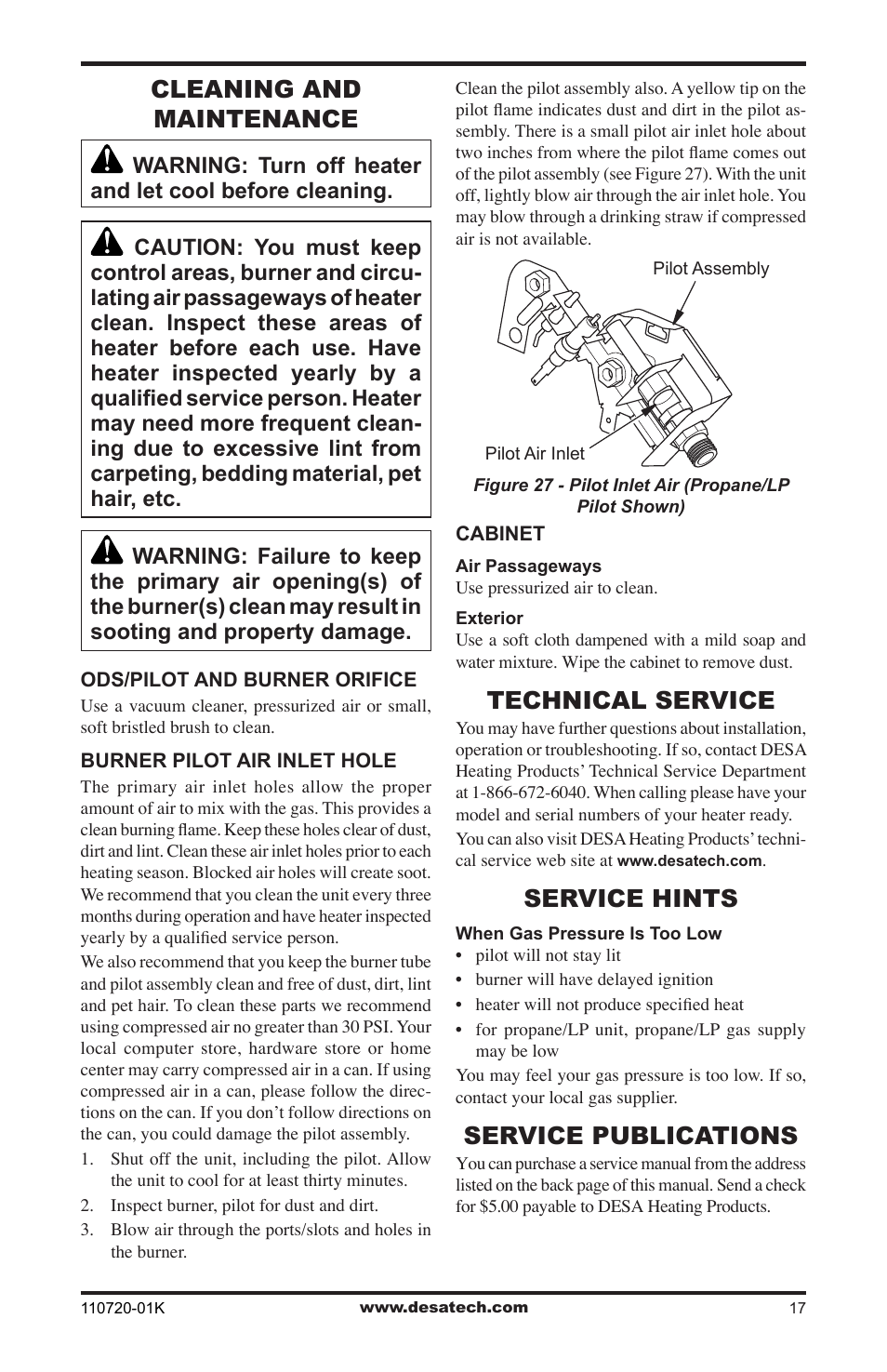 Cleaning and maintenance, Technical service, Service hints | Service publications | Desa VN1000BTA User Manual | Page 17 / 28