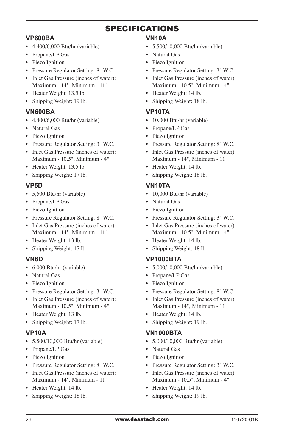 Specifications | Desa VN1000BTA User Manual | Page 26 / 28